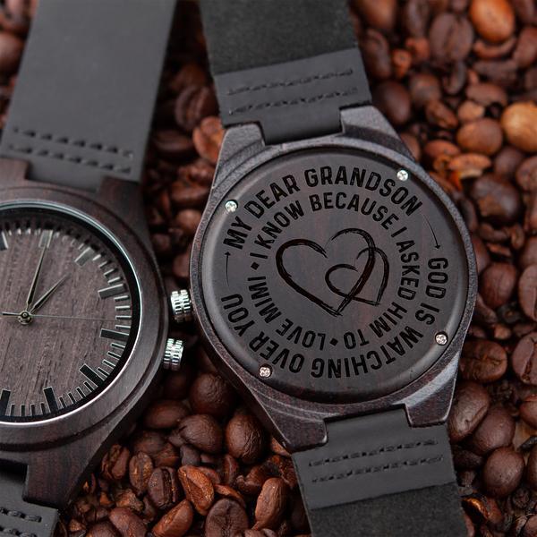 GRANDSON MIMI - GOD IS WATCHING OVER YOU - WOOD WATCH Engraved Gifts Watch