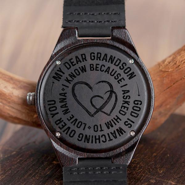 GRANDSON NANA - GOD IS WATCHING OVER YOU - WOOD WATCH Engraved Gifts Watch
