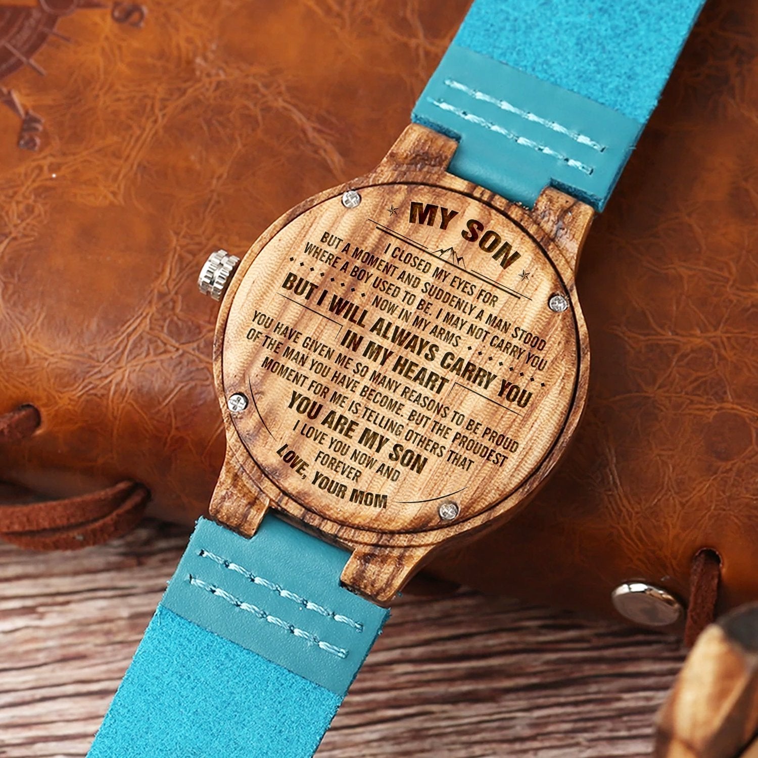 SON MOM - CARRY YOU IN MY HEART - BLUE WOOD WATCH 