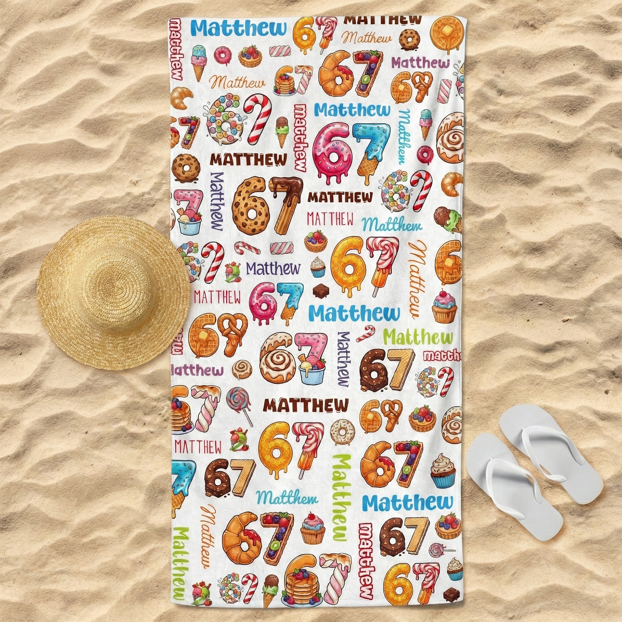 67 Ice Cream With Name Pattern - Personalized Quick-Dry Beach Towel