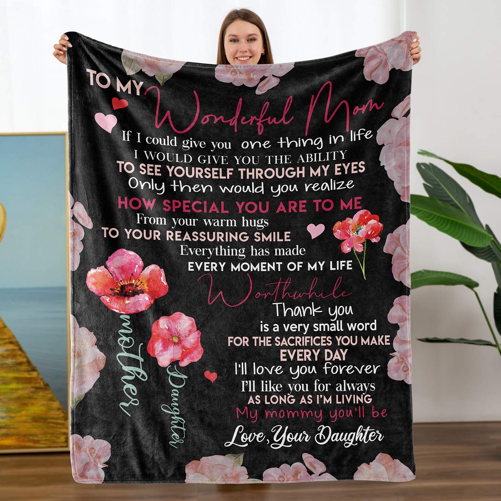 for Mom Gift from Daughter, Mothers Day Birthday, Soft Flannel Bed Throw Blanket-A Loves Gift