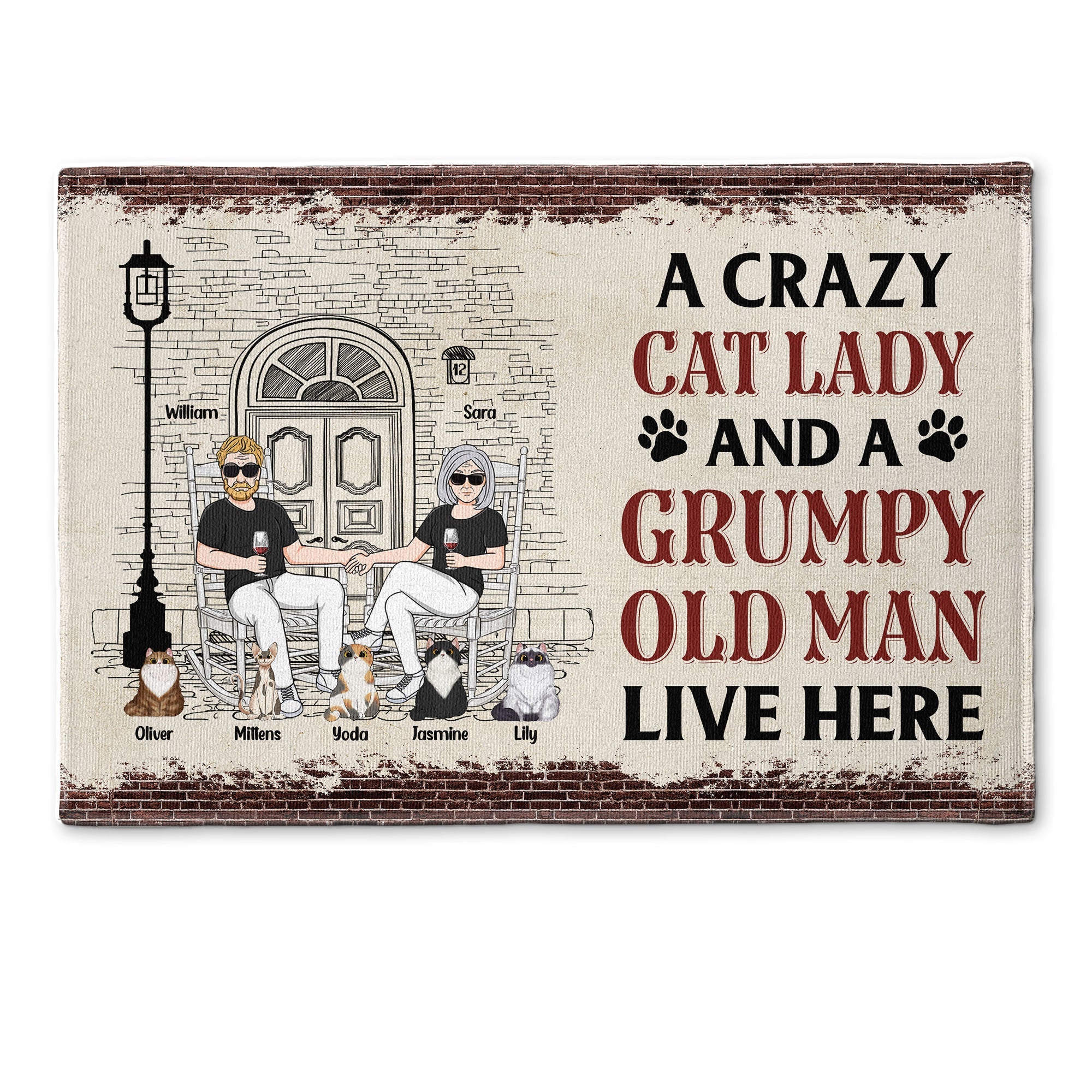 A Crazy Cat Lady And A Grumpy Old Man Live Here - Personalized Doormat - Fall season, Birthday, Autumn Gift For Cat Lover, Cat Lady, Grumpy Old Man