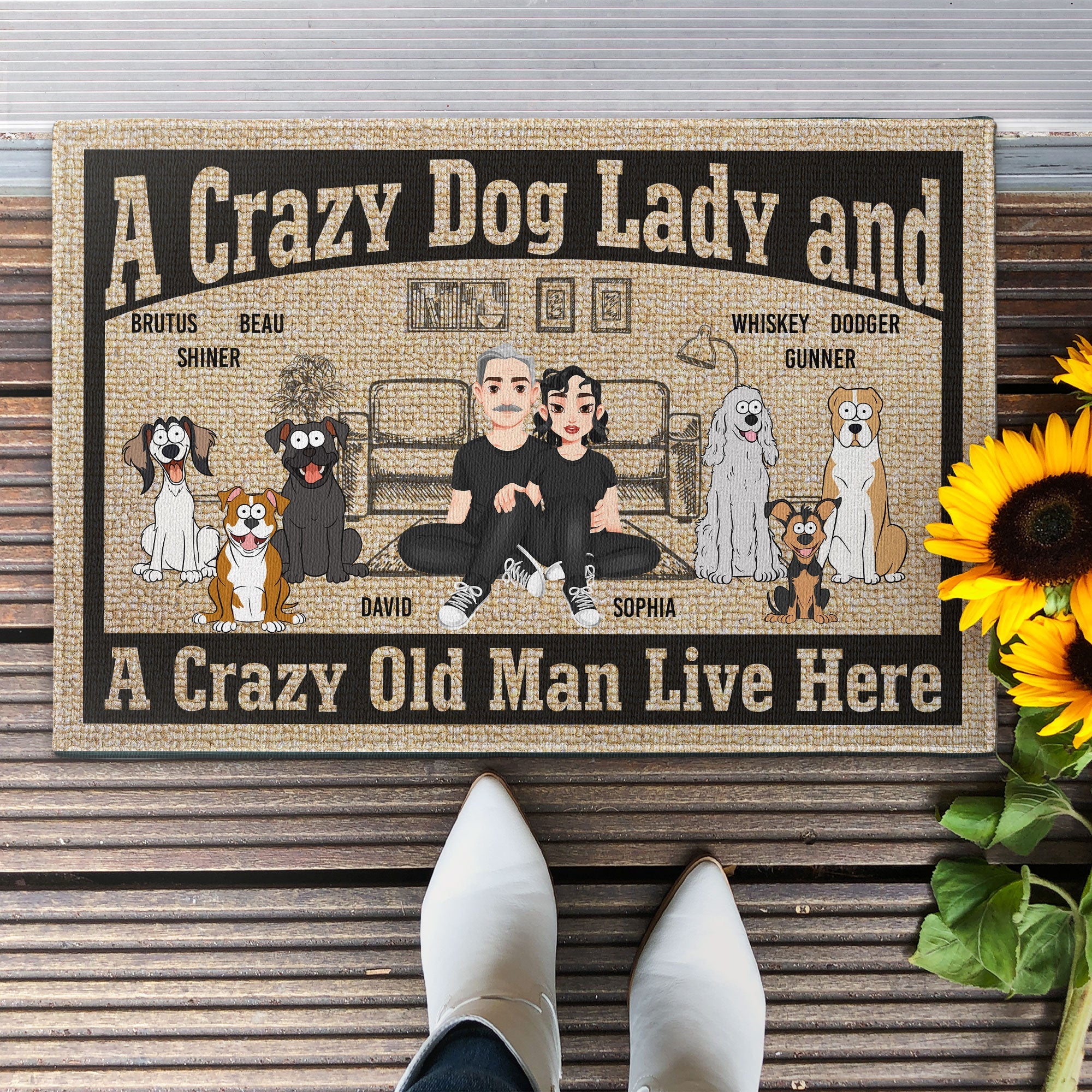 A Crazy Dog Lady And A Crazy Old Man Live Here - Personalized Doormat