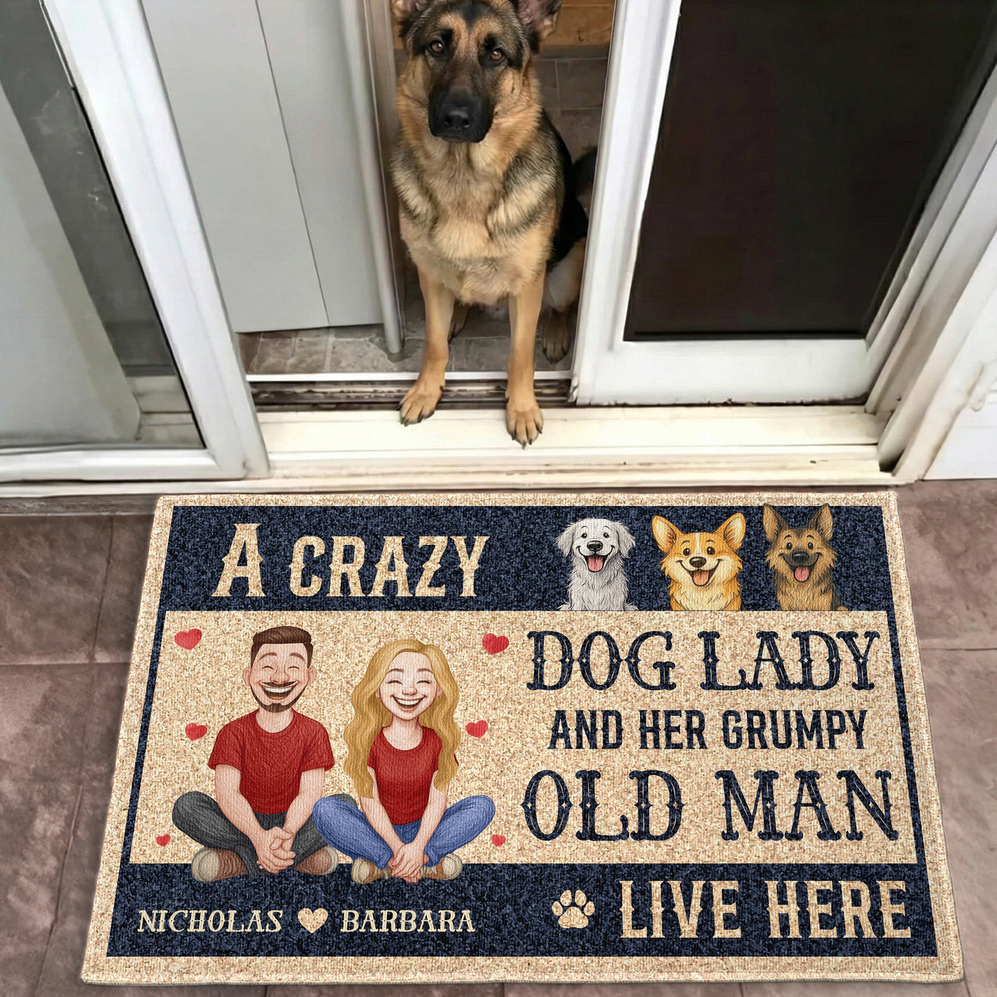 A Crazy Dog Lady And Her Grumpy Old Man Live Here New Version - Personalized Doormat