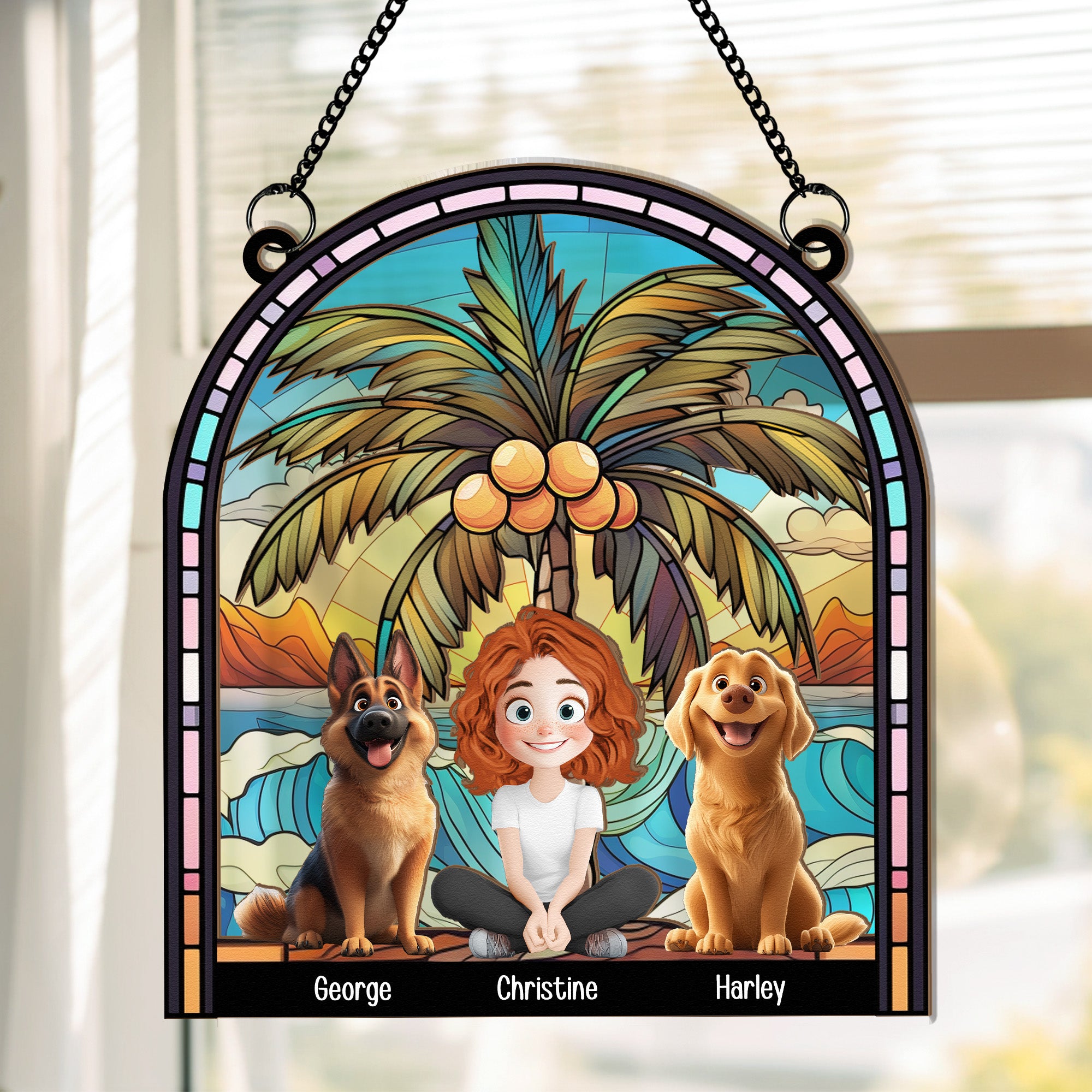 A Girl And Her Dogs New Version - Personalized Window Hanging Suncatcher Ornament