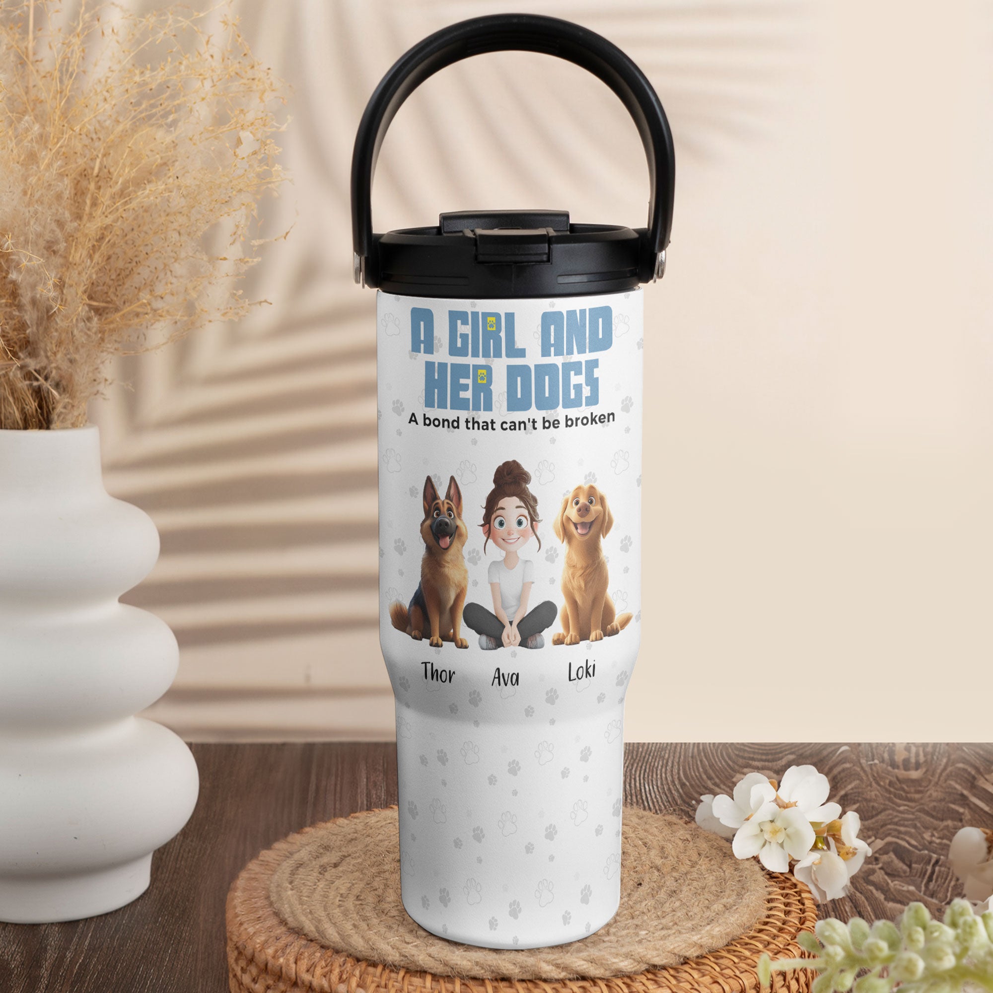 A Girl & Her Dogs With Unbreakable Bond - Personalized 30oz Tumbler With Handle