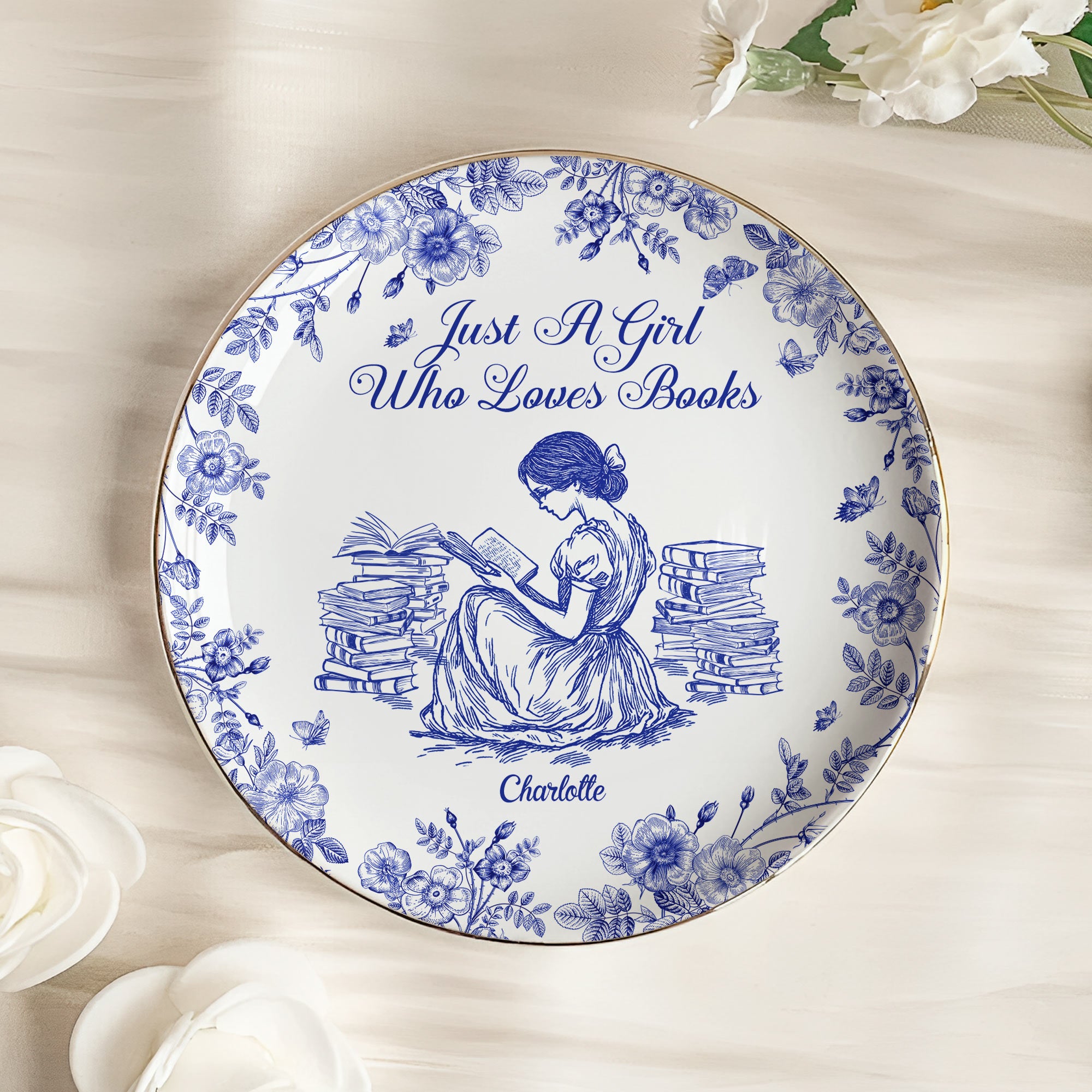 A Girl Who Loves Books Chinoiserie Toile De Jouy - Personalized Jewelry Dish - Gift For Daughter