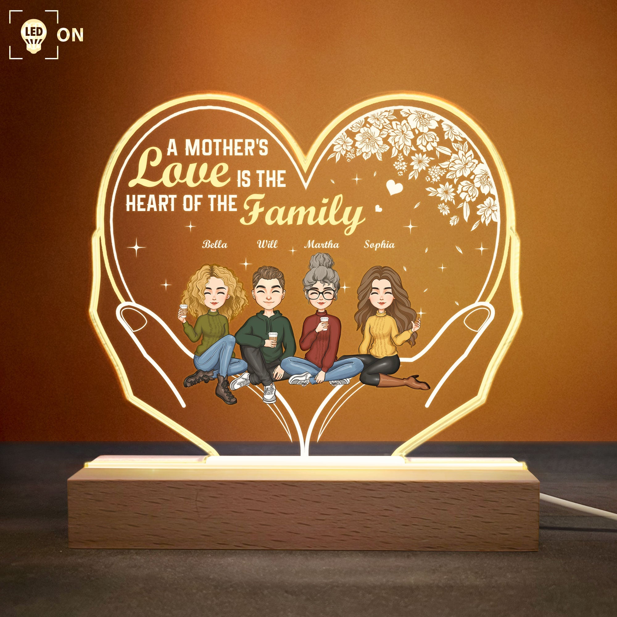 A Mother's Love Is The Heart Of The Family - Personalized LED Light