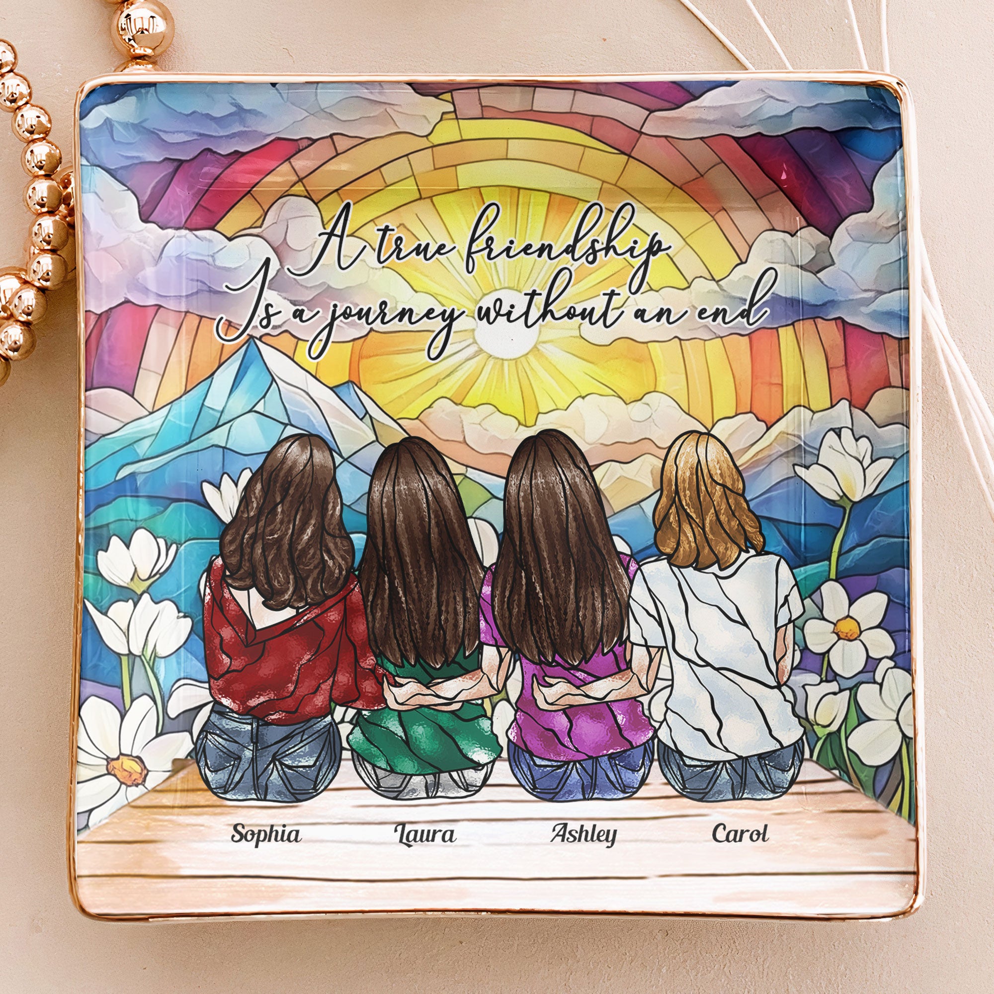 A True Friendship Is A Journey Without An End Stained Glass Style - Personalized Jewelry Dish