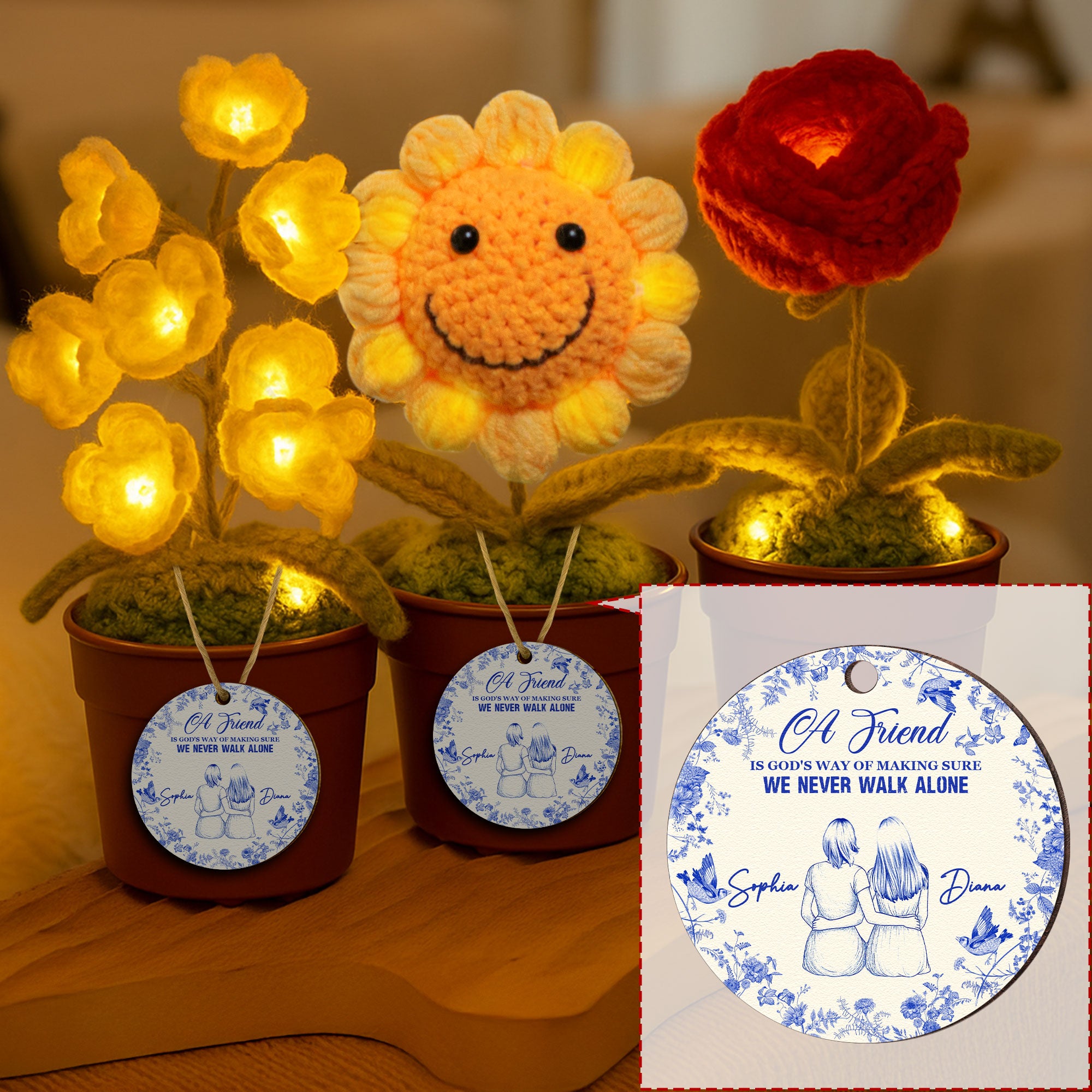 A Friend Is God's Way - Personalized Crochet Flower Lamp