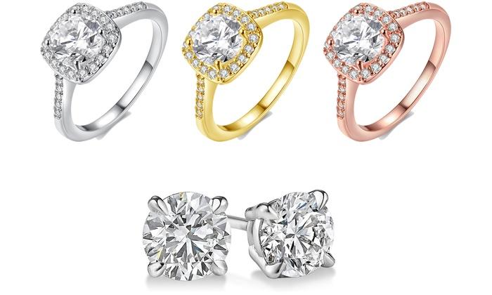 Goldtone-Plated Halo Ring Made with Swarovski Elements with  Swarovski Elements Studs, , Riakoob Jewelry, Riakoob Jewelry  jewelryjewelry deals, swarovski crystal jewelry, groupon jewelry,, jewelry for mom,