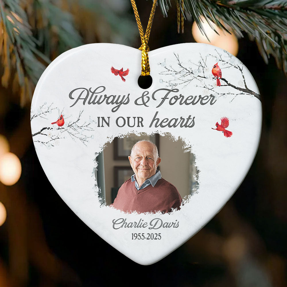 Always & Forever In Our Hearts Christmas Ornament - Personalized Ceramic Photo Ornament