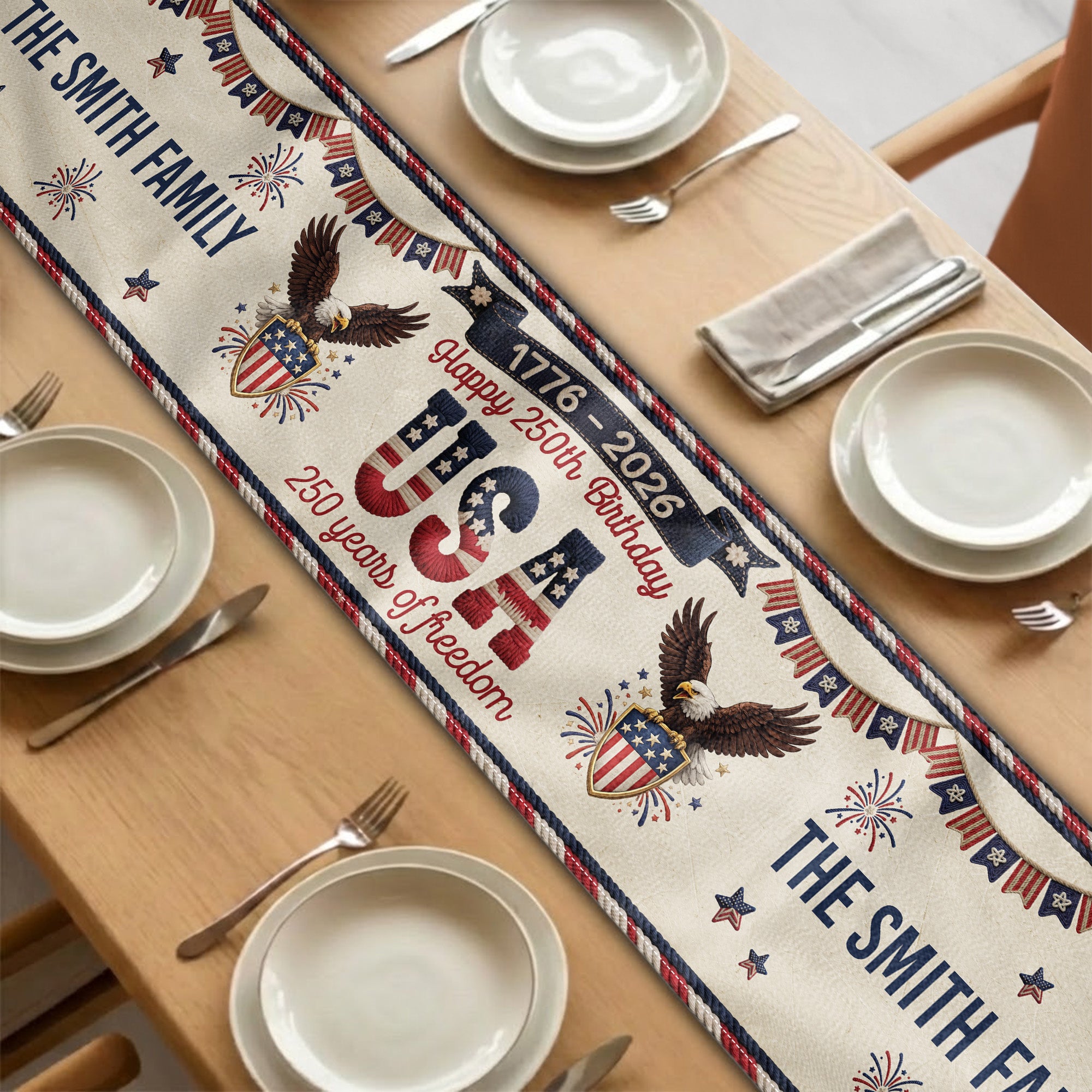America 250Th Anniversary Faux Pattern - Personalized Table Runner