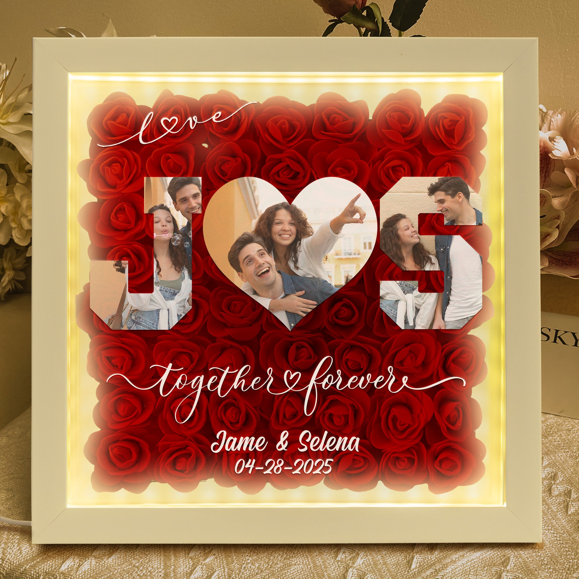 Anniversary Gift Custom Photo & Initial Name - Personalized Photo Flower Shadow Box With LED Light