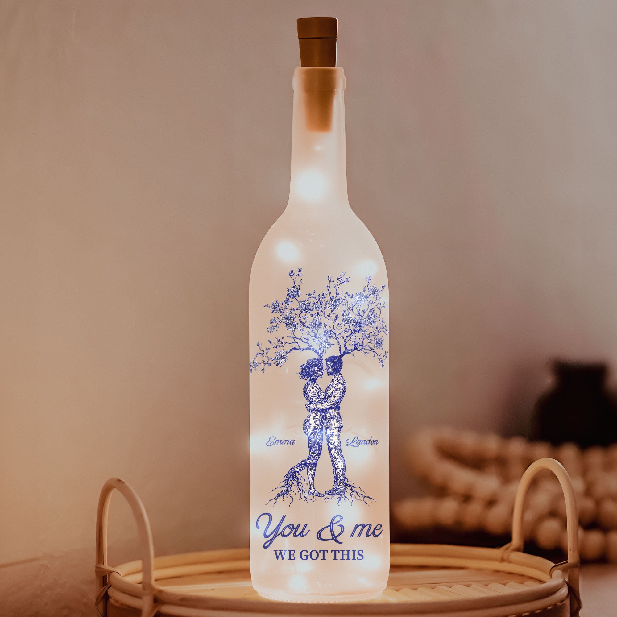 Anniversary Gift Toile De Jouy Style You & Me We Got This - Personalized Bottle Lamp