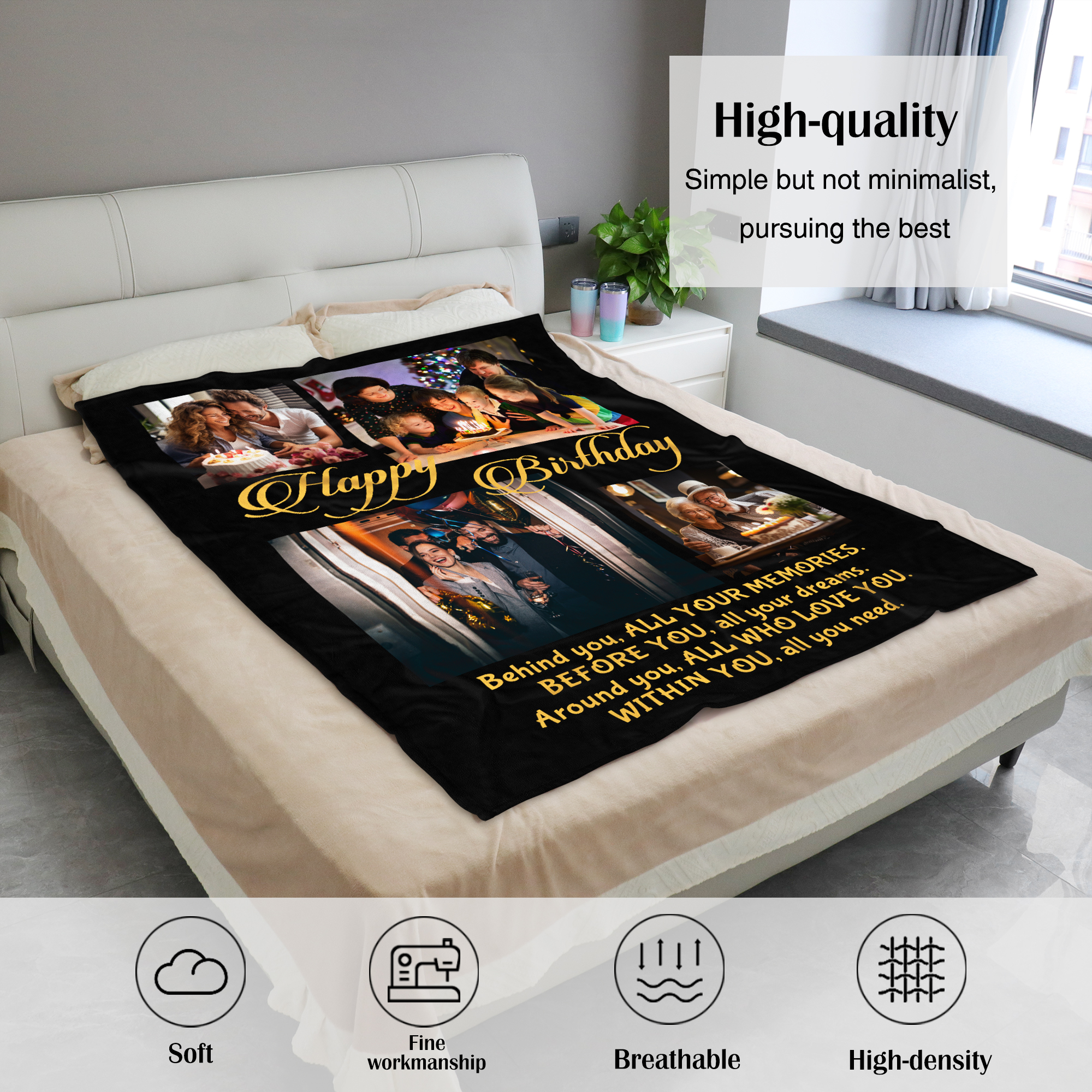 HAINON Happy Birthday Gifts, Customized Birthday Picture Blanket, Personalized Throw with 4 Photos, Cozy, Heartwarming Memories, Ideal Keepsake Gift for Loved Ones
