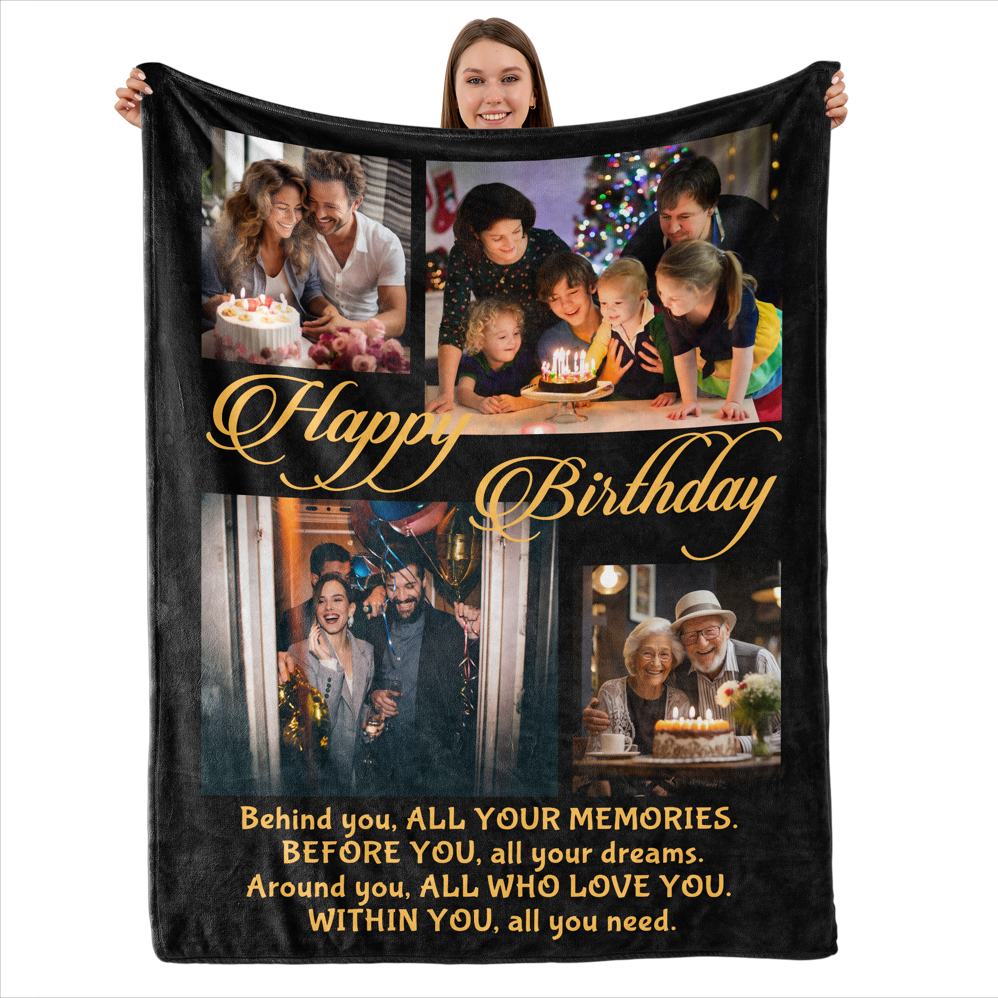 HAINON Happy Birthday Gifts, Customized Birthday Picture Blanket, Personalized Throw with 4 Photos, Cozy, Heartwarming Memories, Ideal Keepsake Gift for Loved Ones