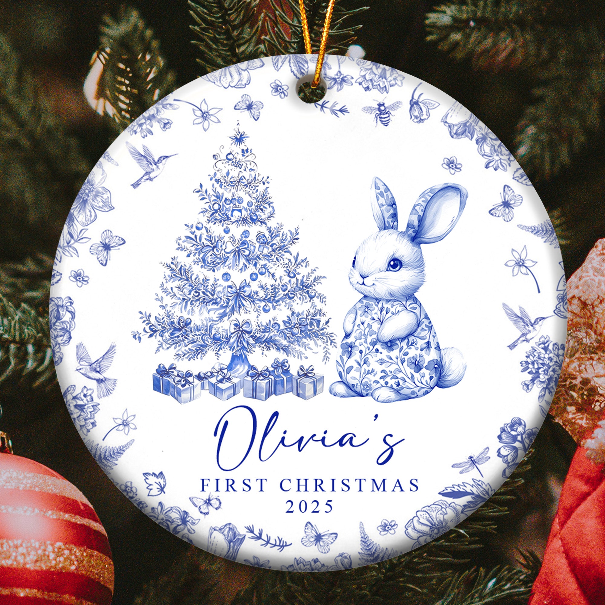 Baby's First Christmas Toile De Jouy - Personalized Ceramic Ornament