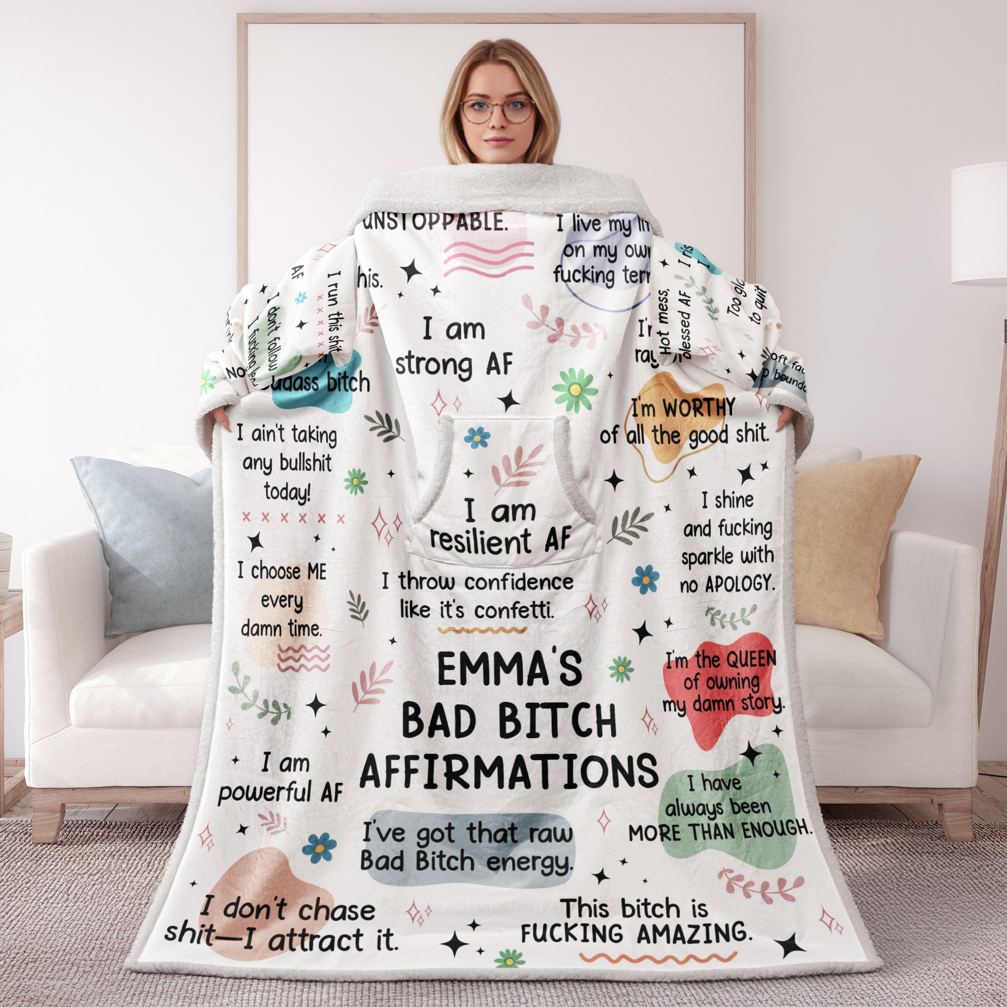 Bad B!tch Affirmations - Personalized Wearable Blanket With Sleeves