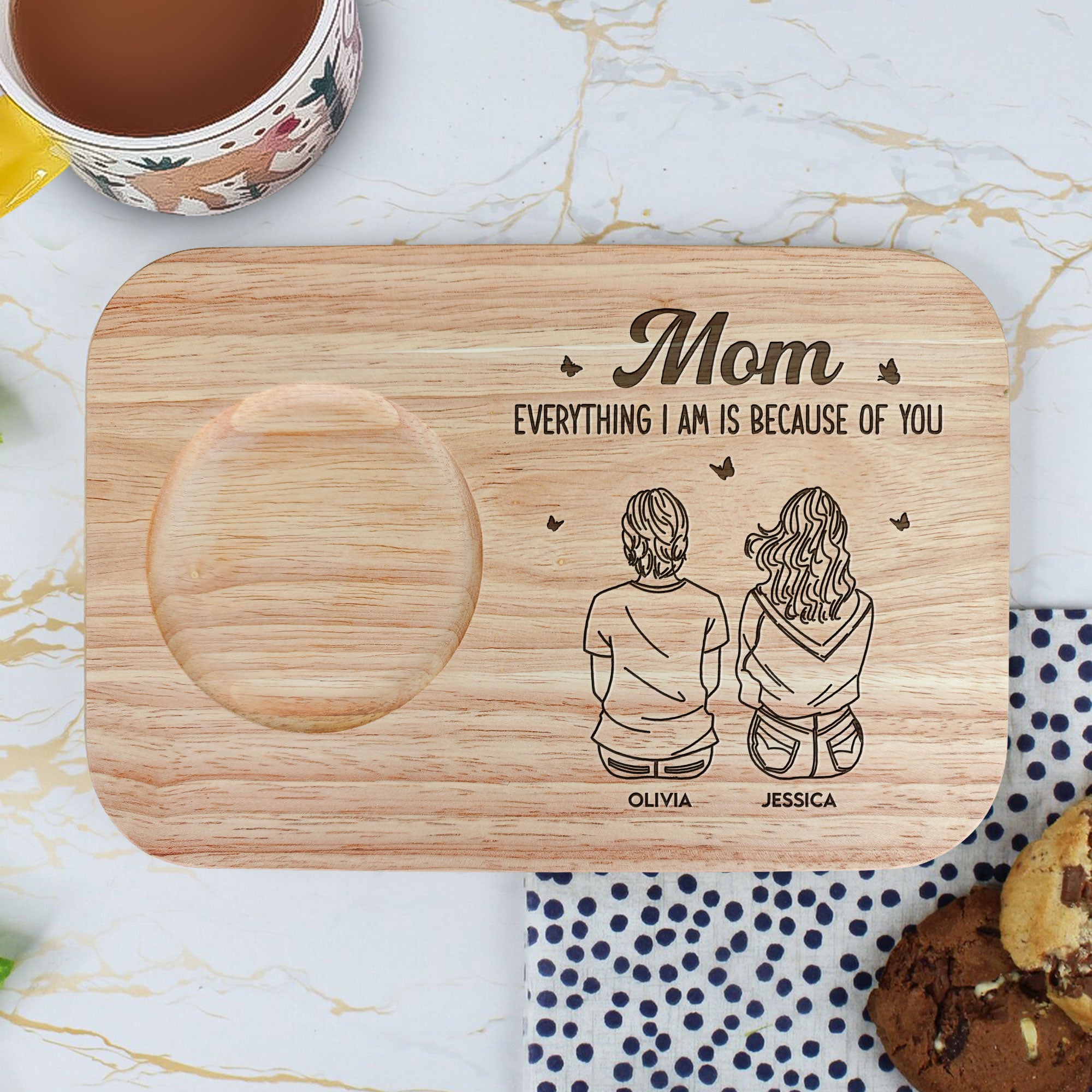 Because Of You - Custom Engraved Wooden Tea & Biscuit Board