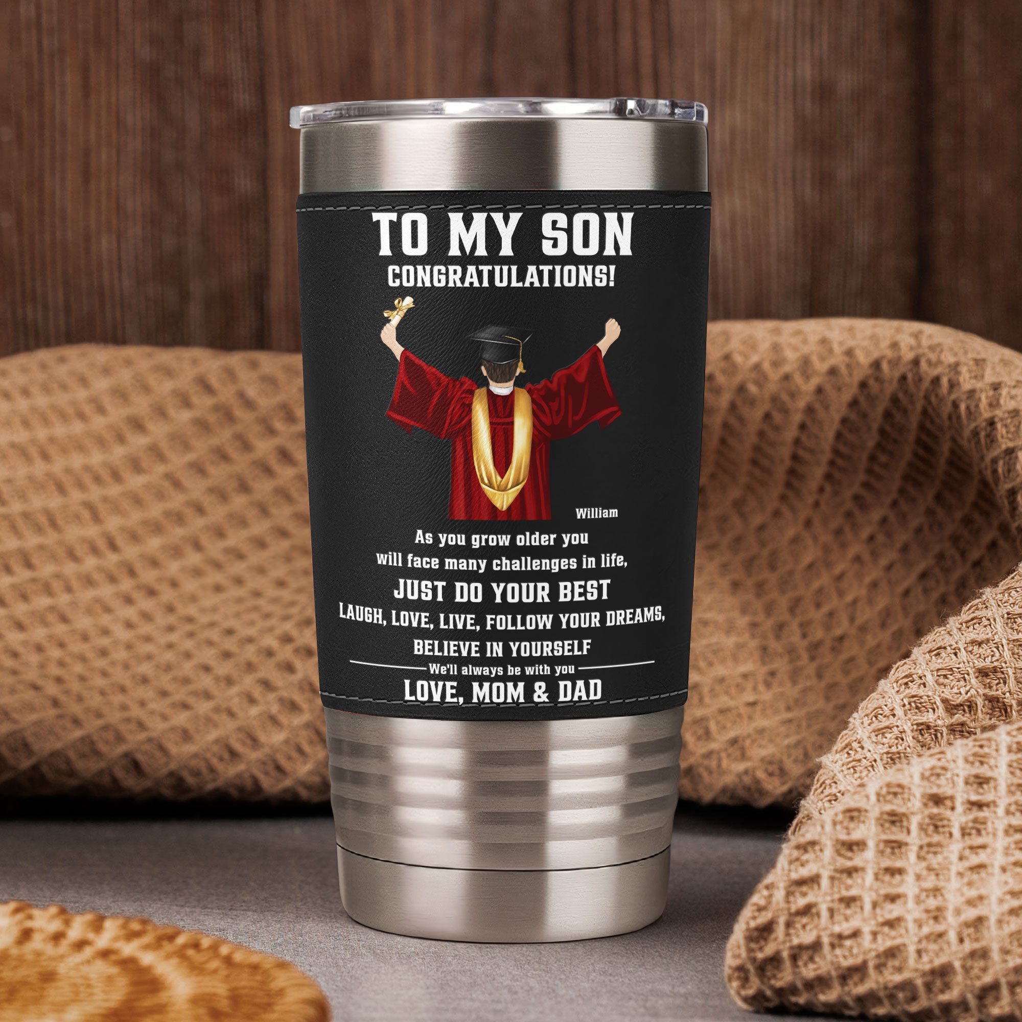 Believe In Yourself Gift For Son - Personalized 20oz Leather Wrapped Tumbler