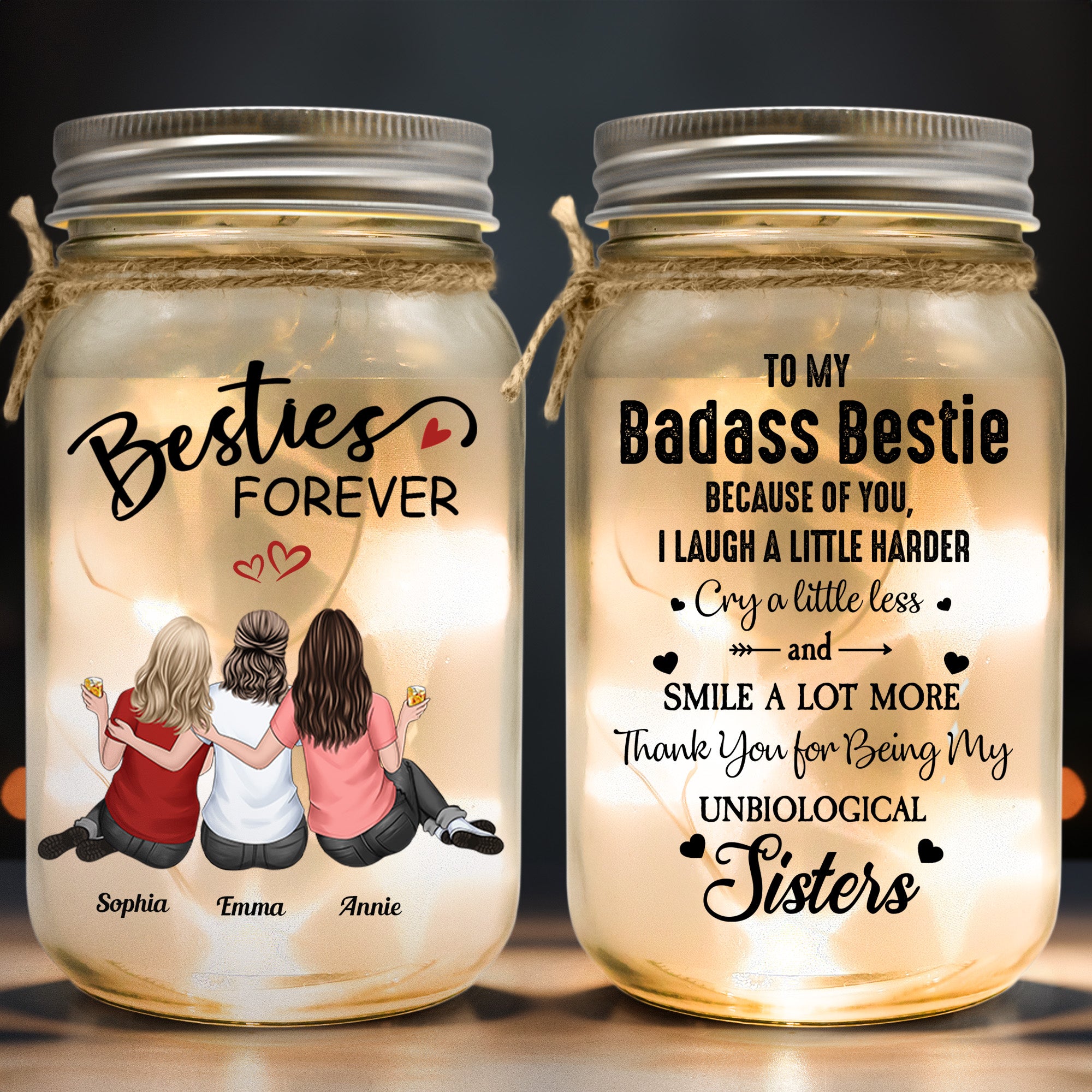 Besties Forever Because Of You I Laugh A Little Harder - Personalized Mason Jar Light