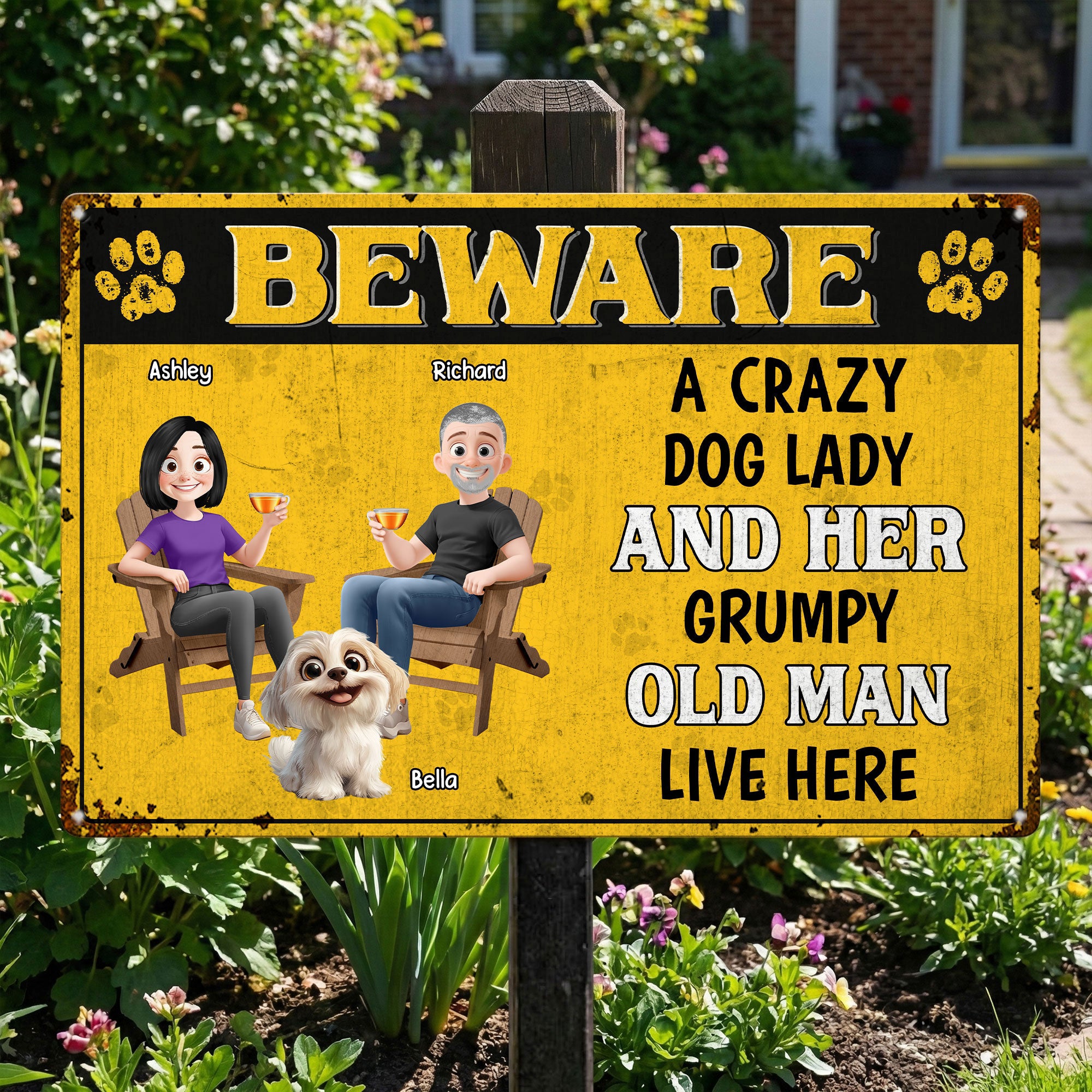 Beware A Crazy Dog Lady And Her Grumpy Old Man Live Here - Personalized Metal Sign