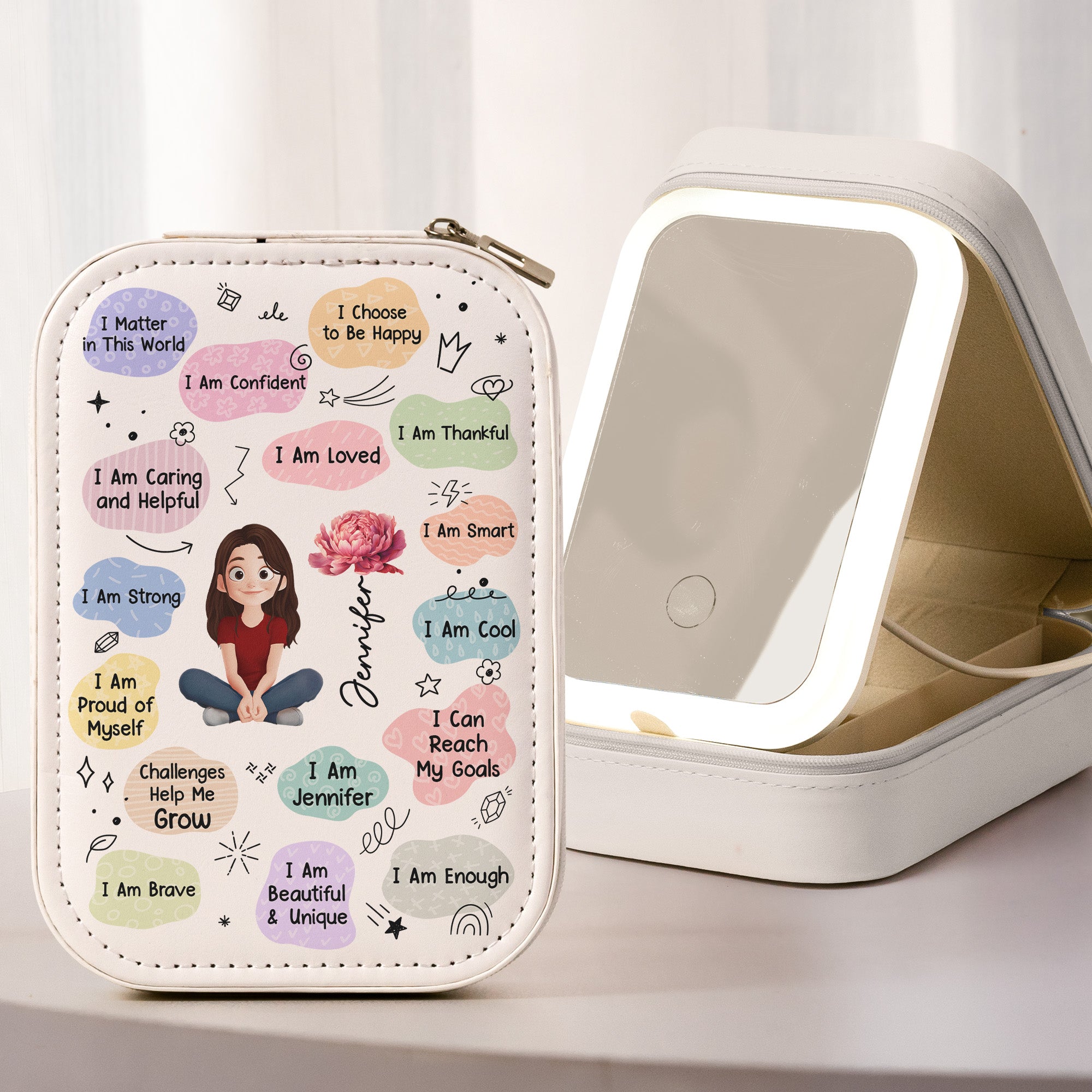 Birth Flower Affirmation - Custom Makeup Box With LED Mirror