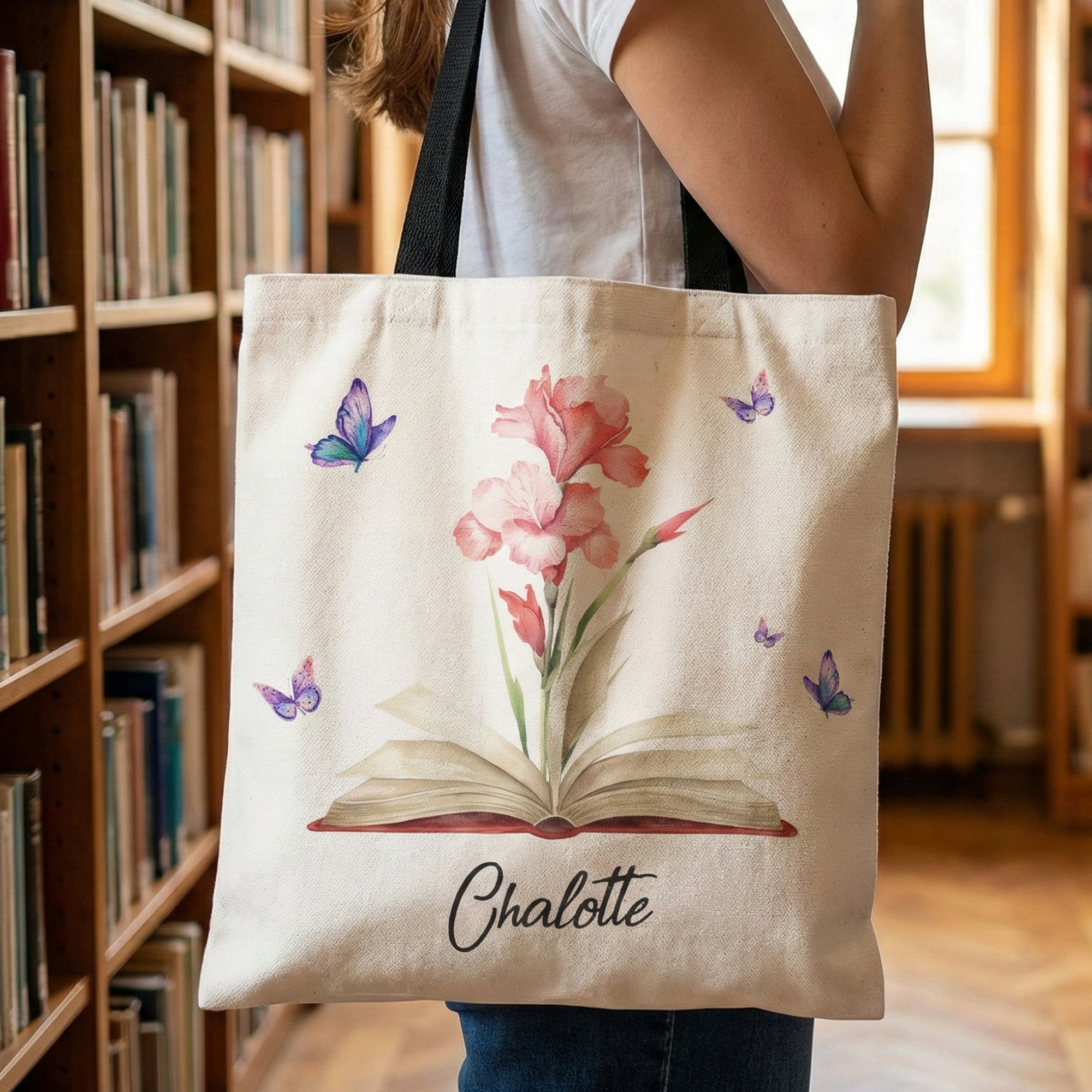 Birth Flower Book Lover Gift Book Club - Personalized Tote Bag
