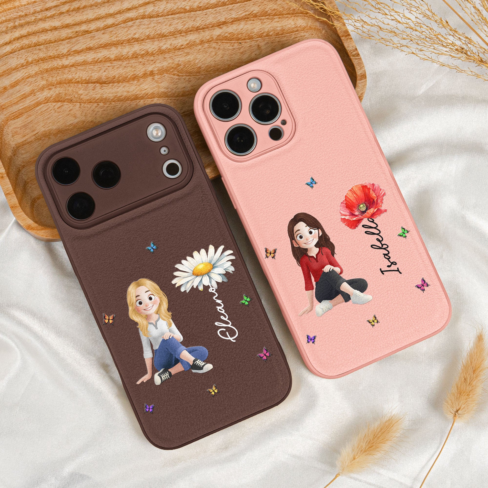 Birth Flower Gift For Daughter, Sister, Friend - Personalized Leather Phone Case