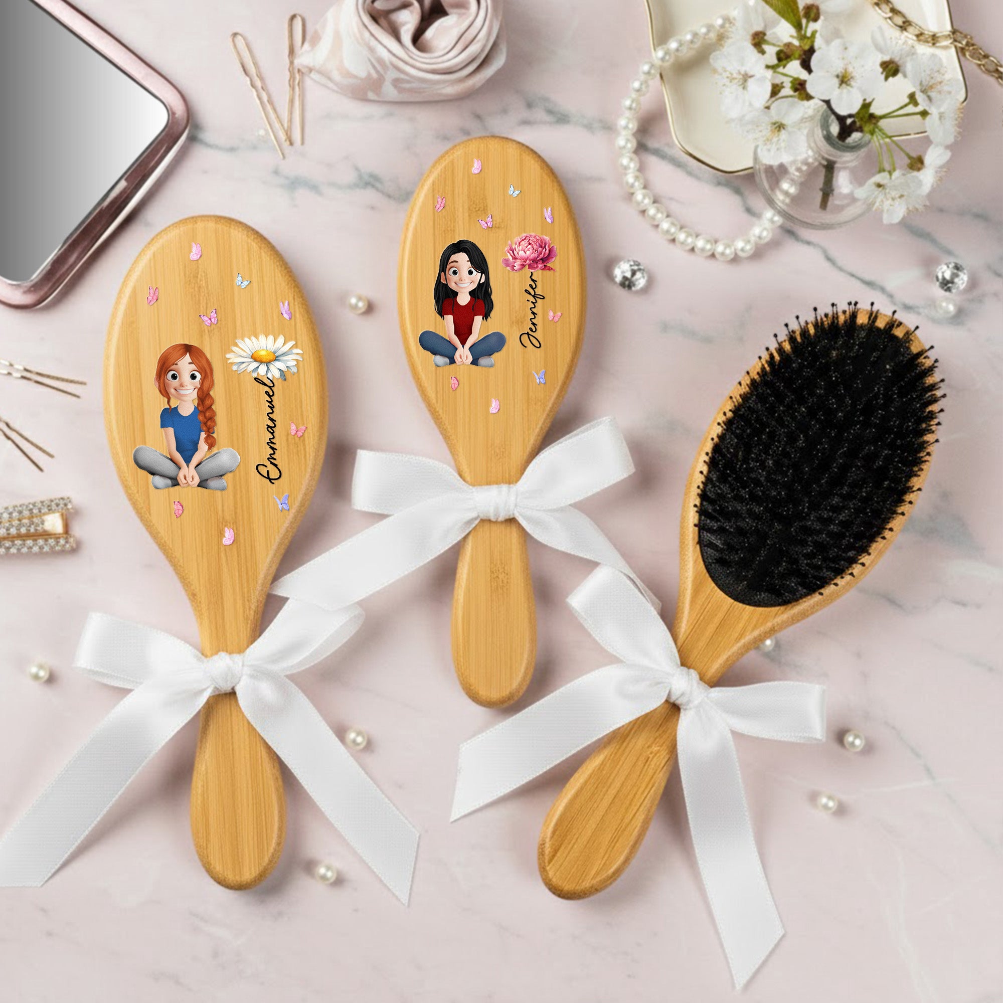 Birth Month Flower With Cute Cartoon - Personalized Hair Brush