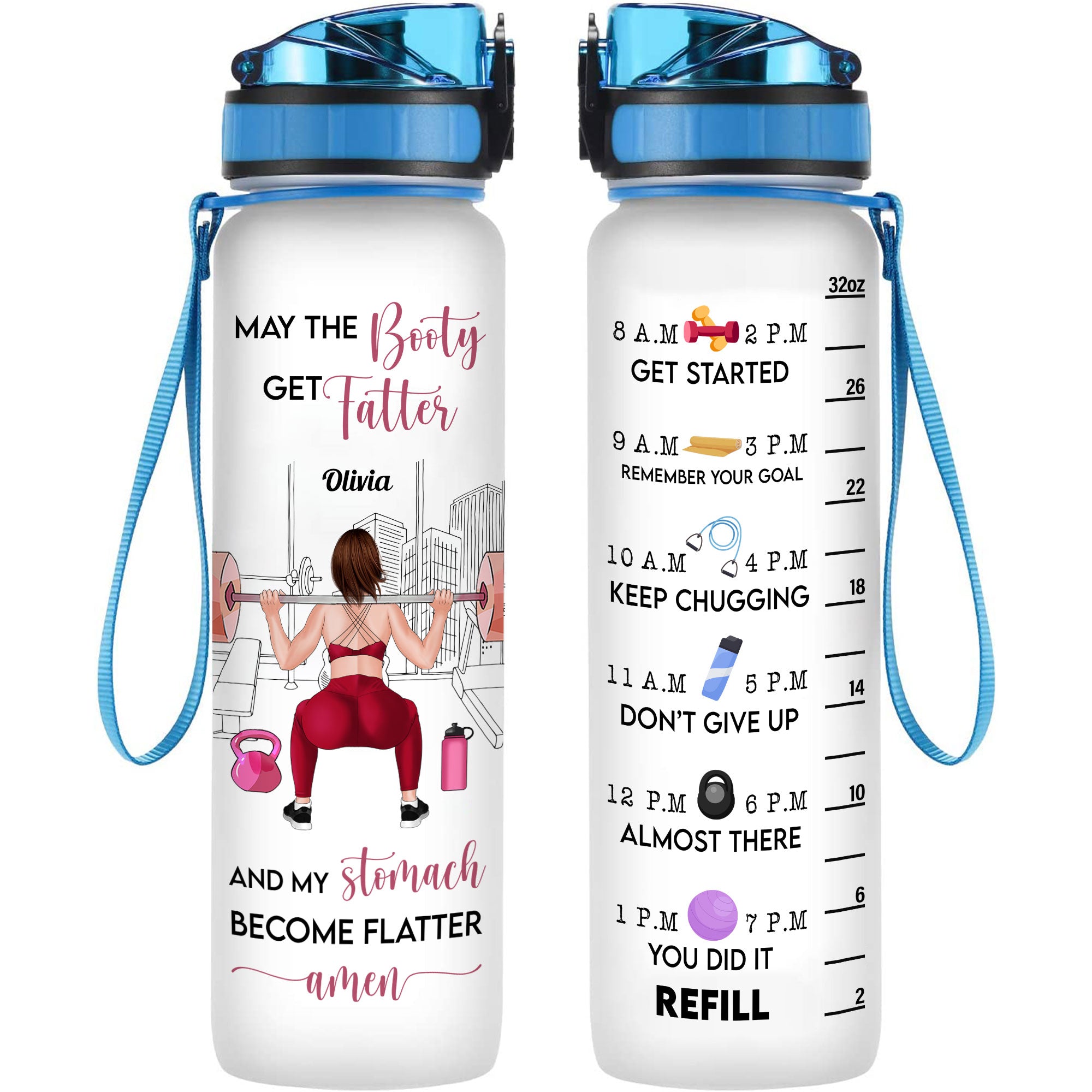 Booty Get Fatter - Personalized Water Bottle With Time Marker - Birthday, Motivation Gift For Fitness Girl, Personal Trainer, Gymer  - Squat Girl