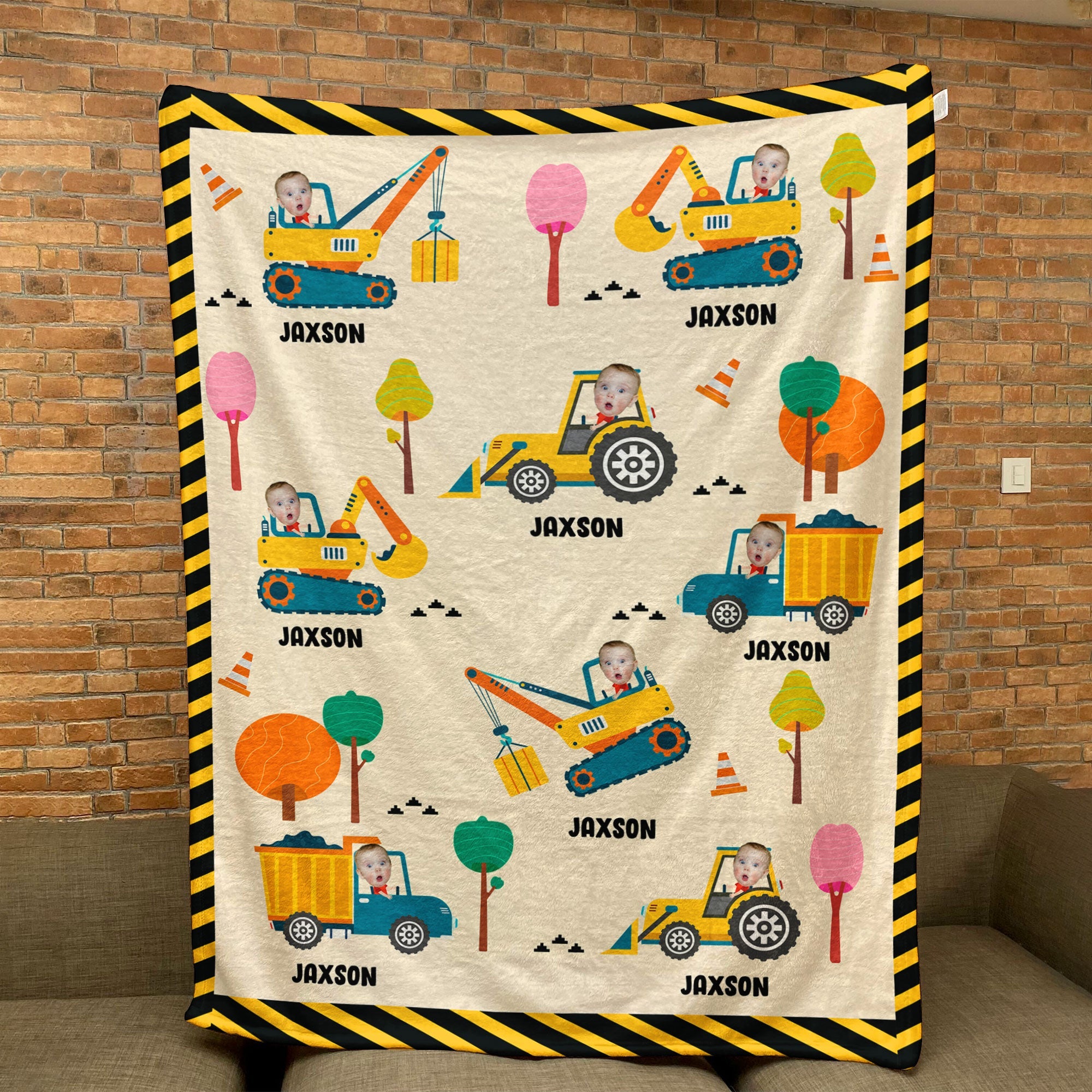 Boy Riding Construction Vehicle - Personalized Baby Photo Blanket