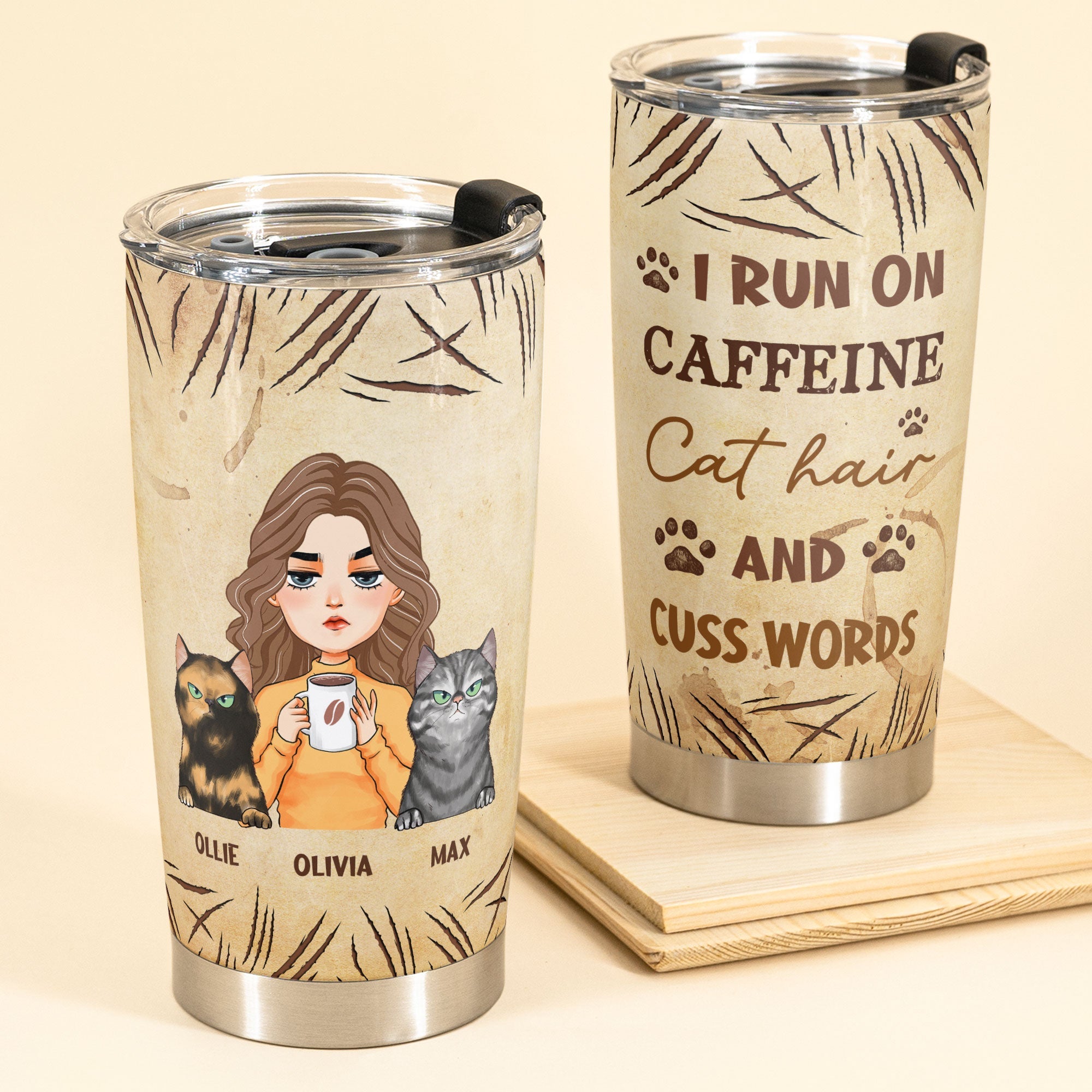 Caffeine, Cat Hair & Cuss Words - Personalized Tumbler Cup - Birthday Gift For Cat Lovers, Cat Moms, Friends, Fur Mama
