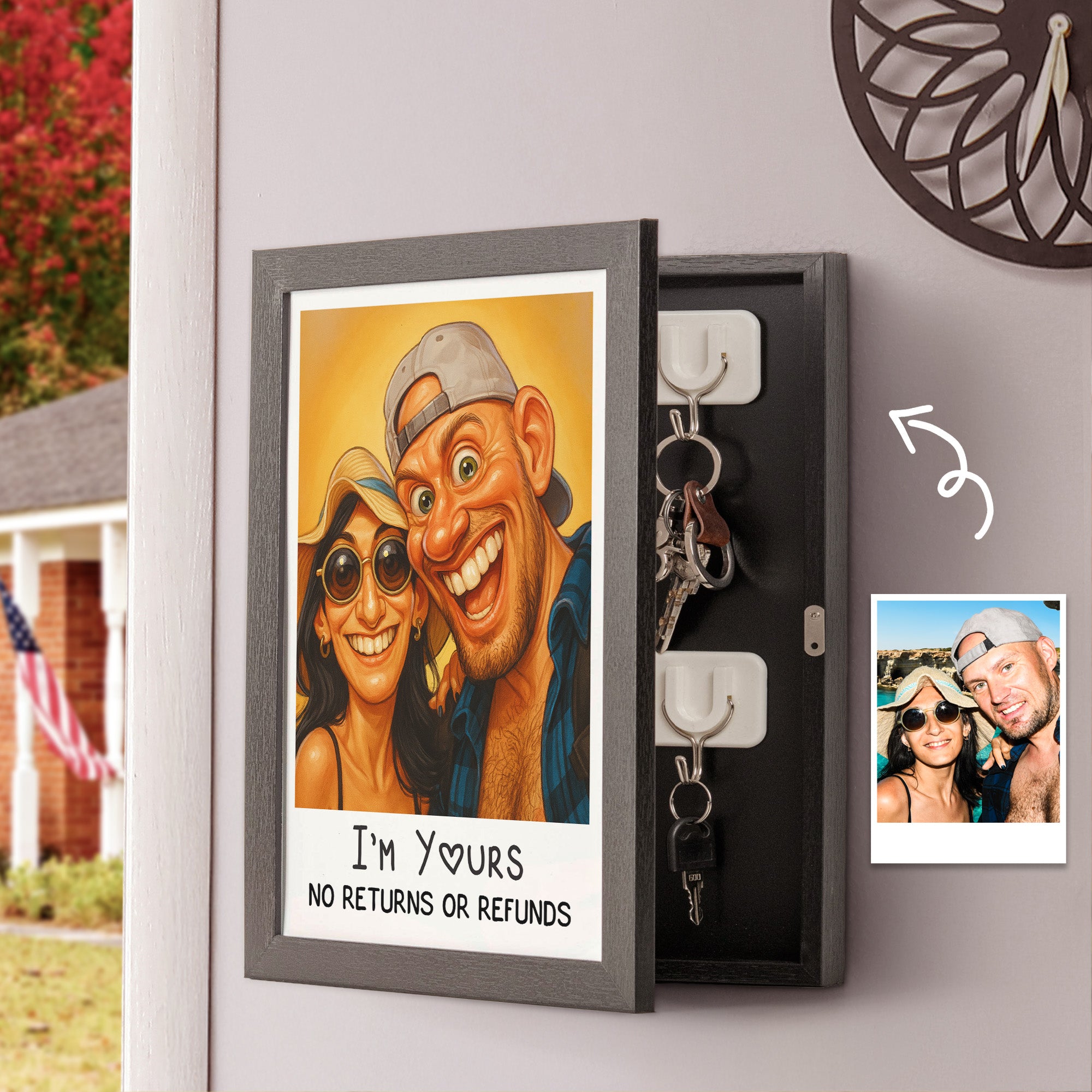 Caricature Wall Art For Funny Couples From Photo - Personalized Hidden Key Holder Photo Frame