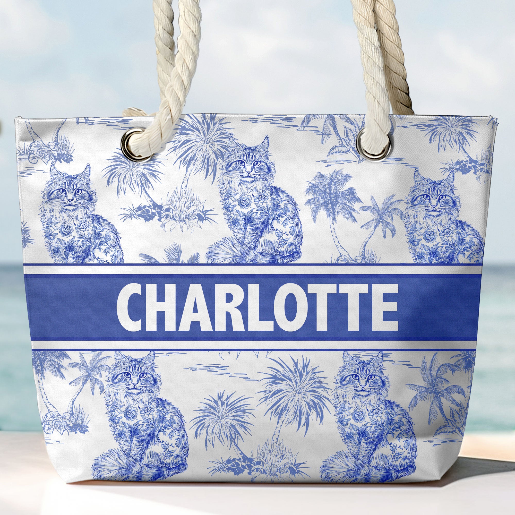 Cat Lover Chinoiserie Toile De Jouy Style - Personalized Beach Bag