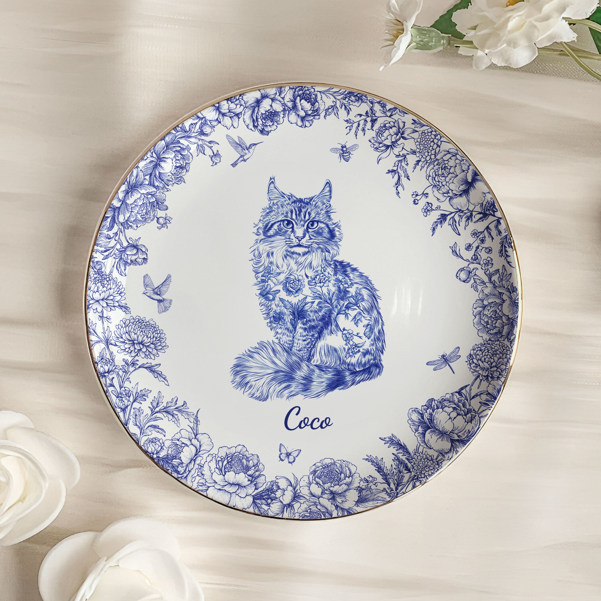 Cat Lover Toile De Jouy Style - Personalized Jewelry Dish