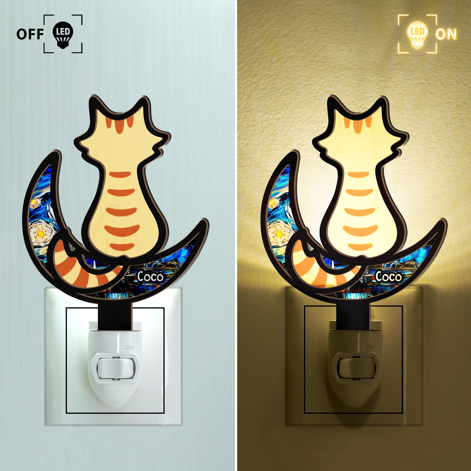 Cat On The Moon - Personalized Wood And Acrylic Night Light