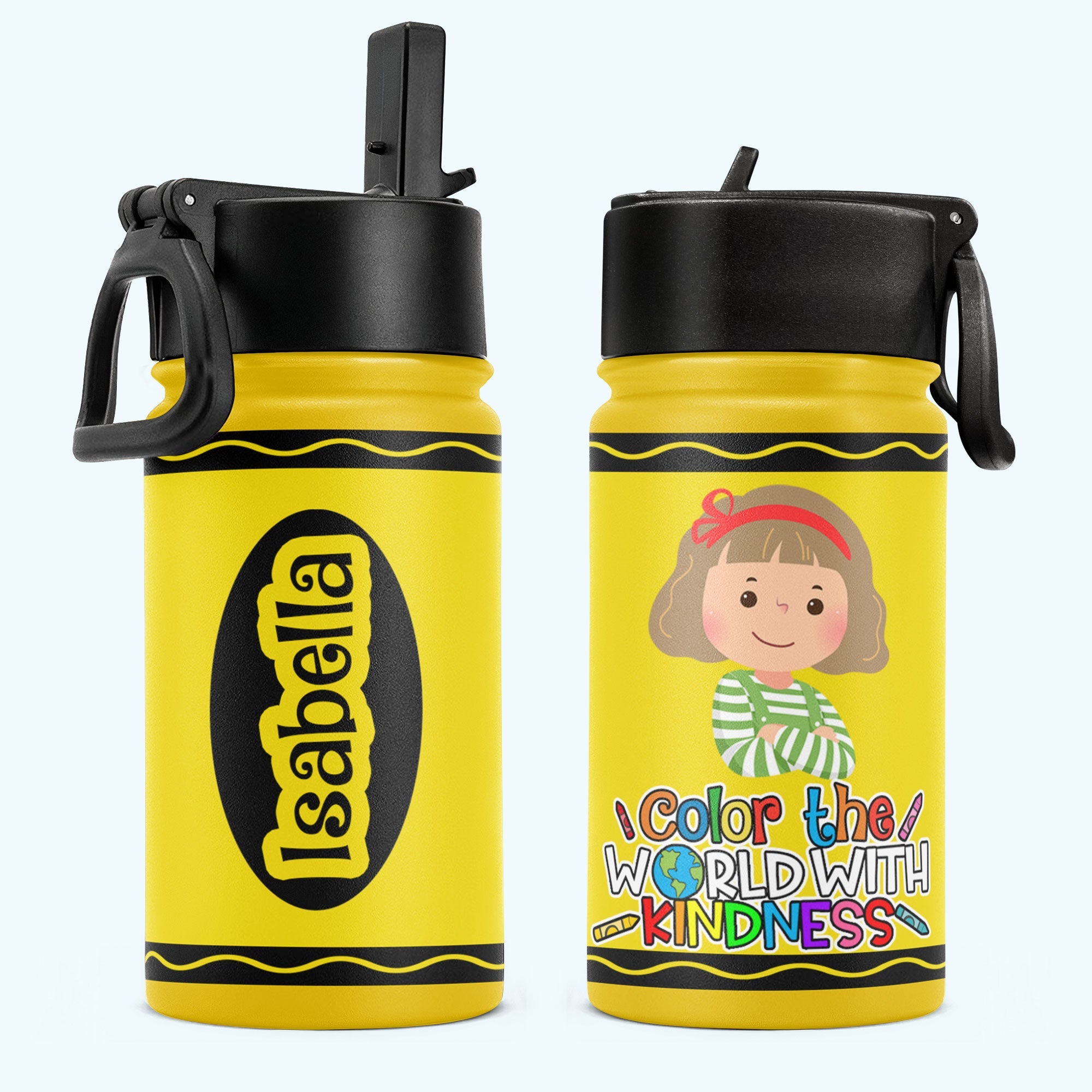 Color Your World With Kindness - Personalized Kids Water Bottle With Straw Lid