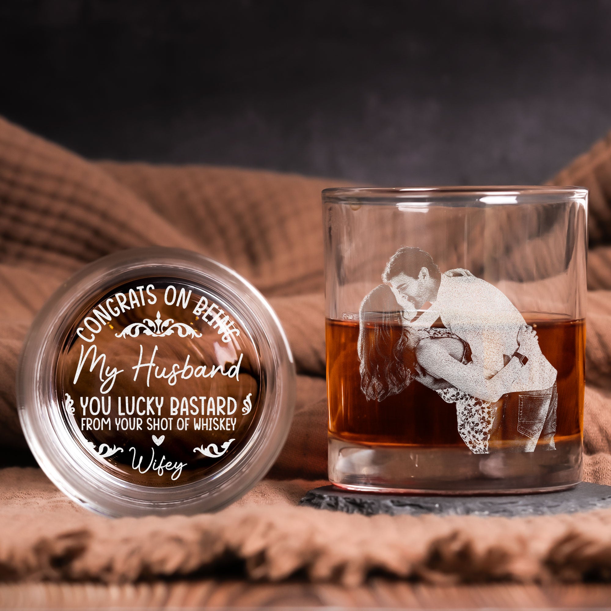 Congrats On Being My Husband You Lucky Bastard - Personalized Whiskey Glass With Photo