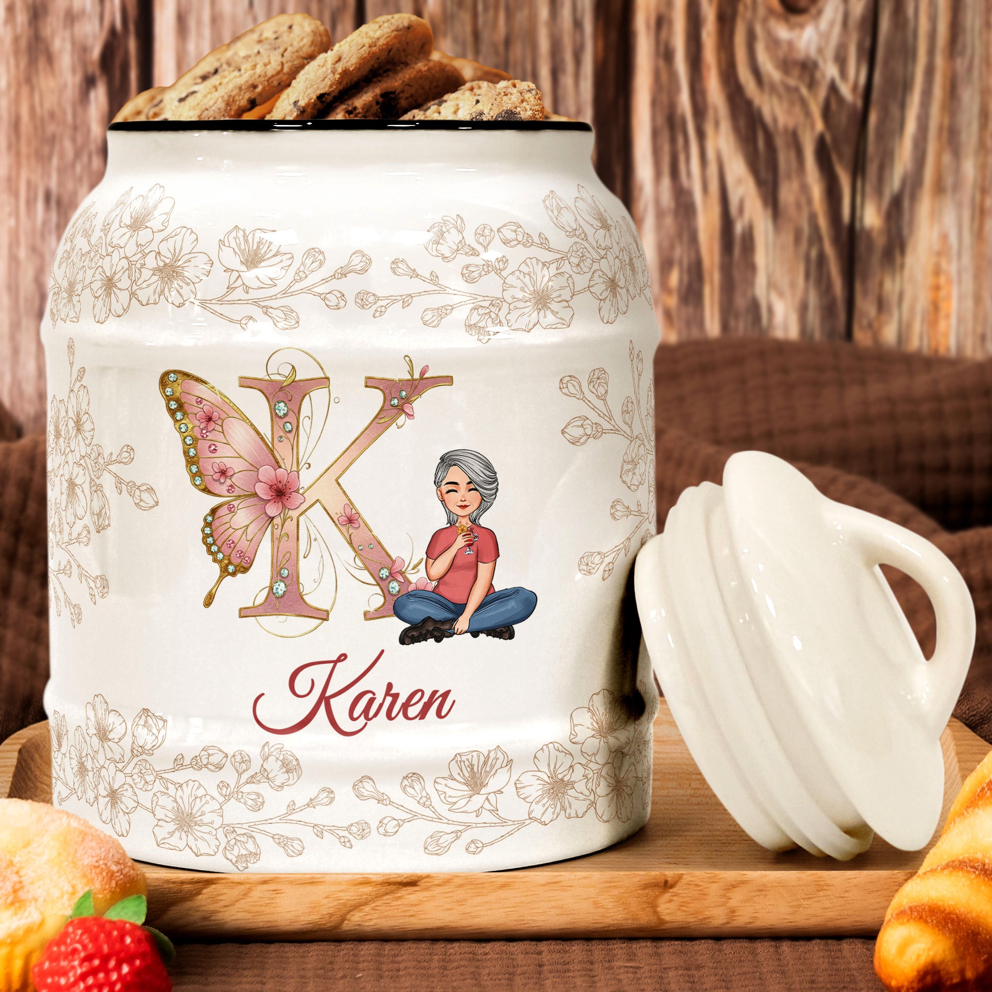 Cookie Jar With Butterfly Monogram Letter - Personalized Cookie Jar