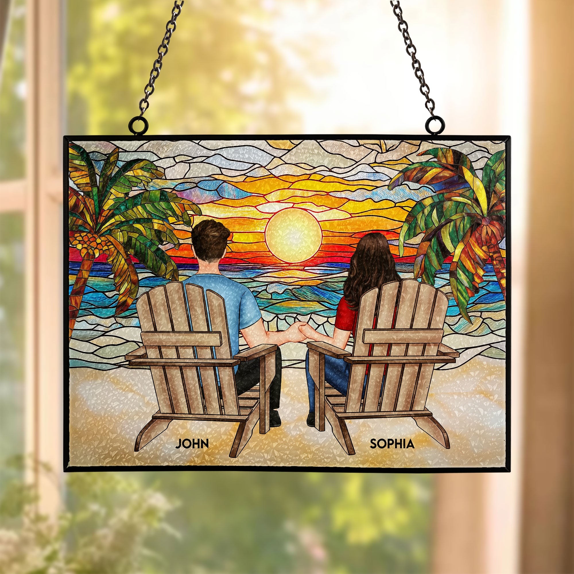 Couple Sitting Together - Personalized Stained Glass Suncatcher