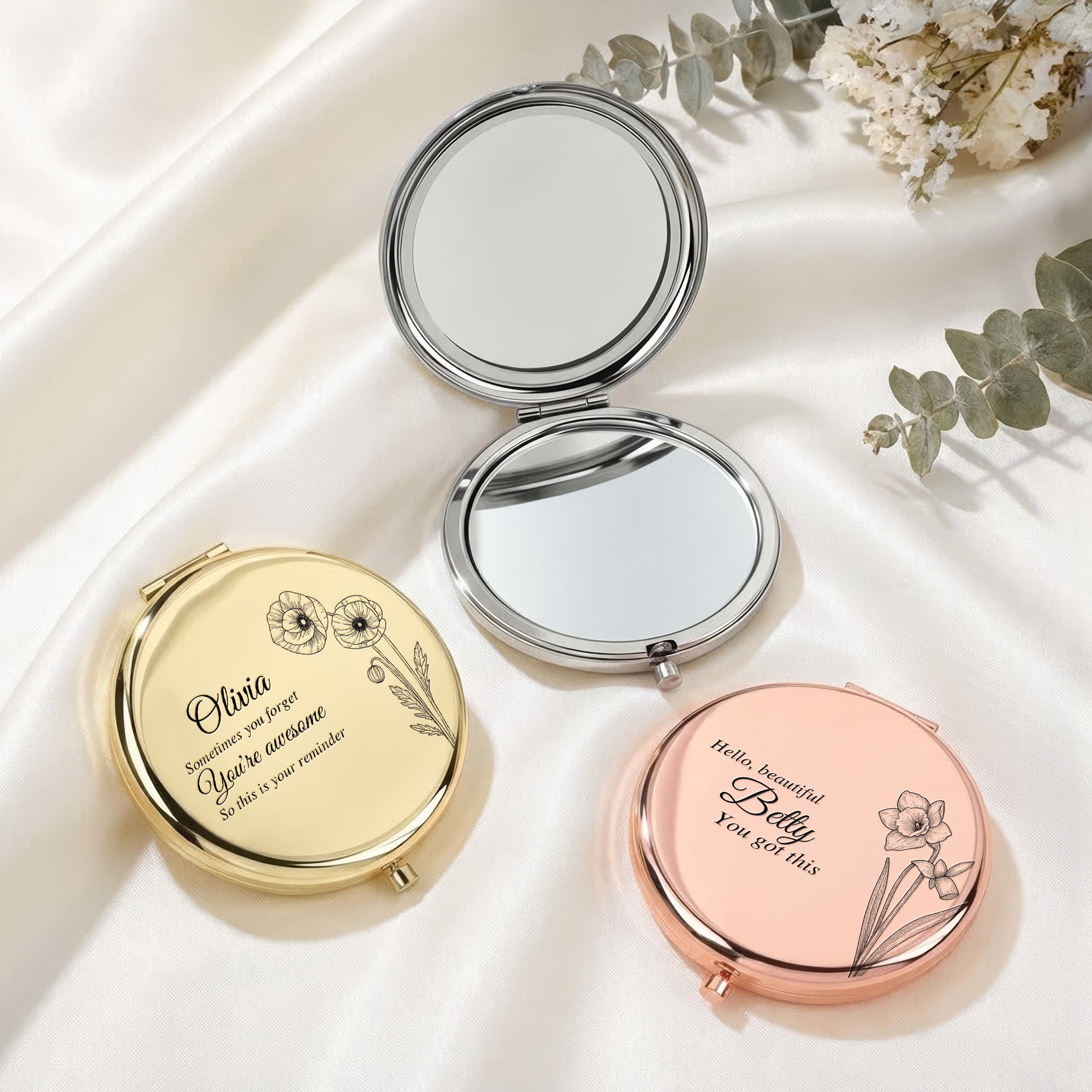 Custom Birth Flower & Mirror Daily Affirmations Message For Her, Daughter, Sister - Personalized Compact Mirror