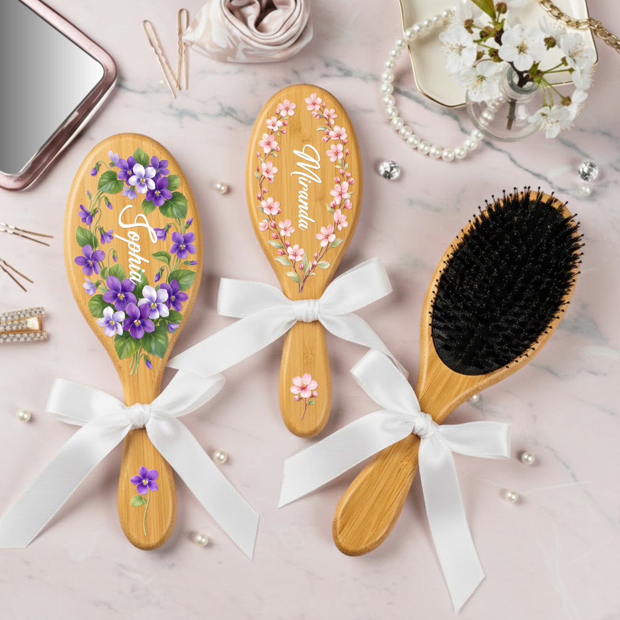 Custom Birth Flower & Name For Her, Daughter, Sister, Thank You Gift - Personalized Hair Brush