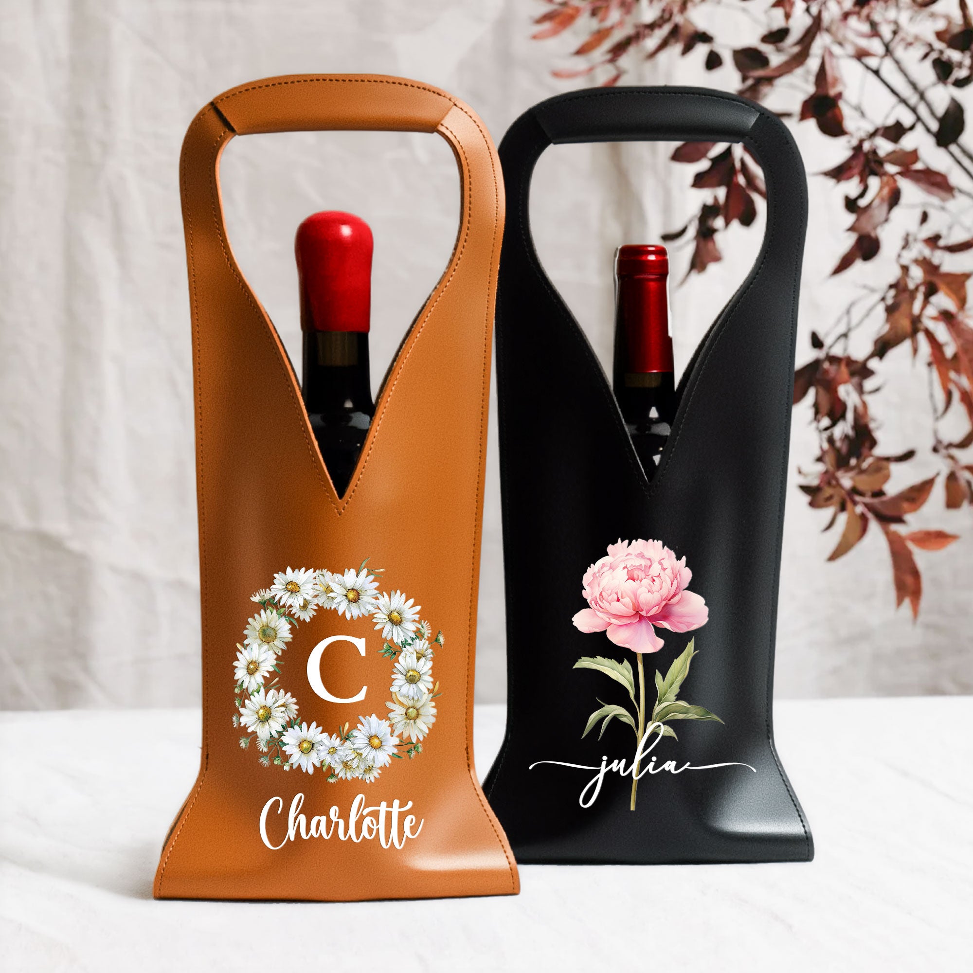 Custom Birth Flower & Name - For Her, Friends, Sisters, Wine Lovers - Personalized Leather Wine Bag
