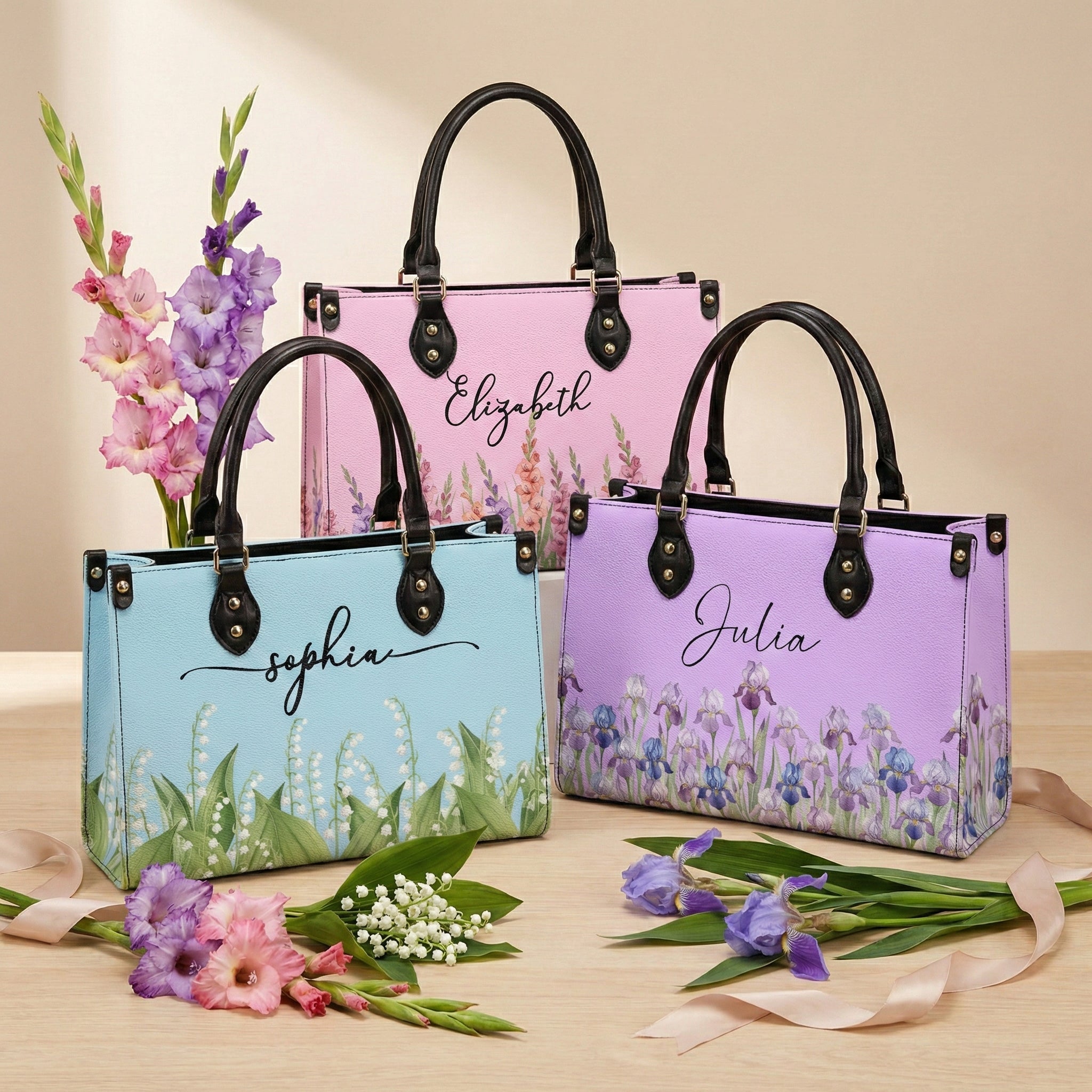 Custom Birth Flower & Name For Her, Wife, Daughter, Sister - Personalized Leather Bag