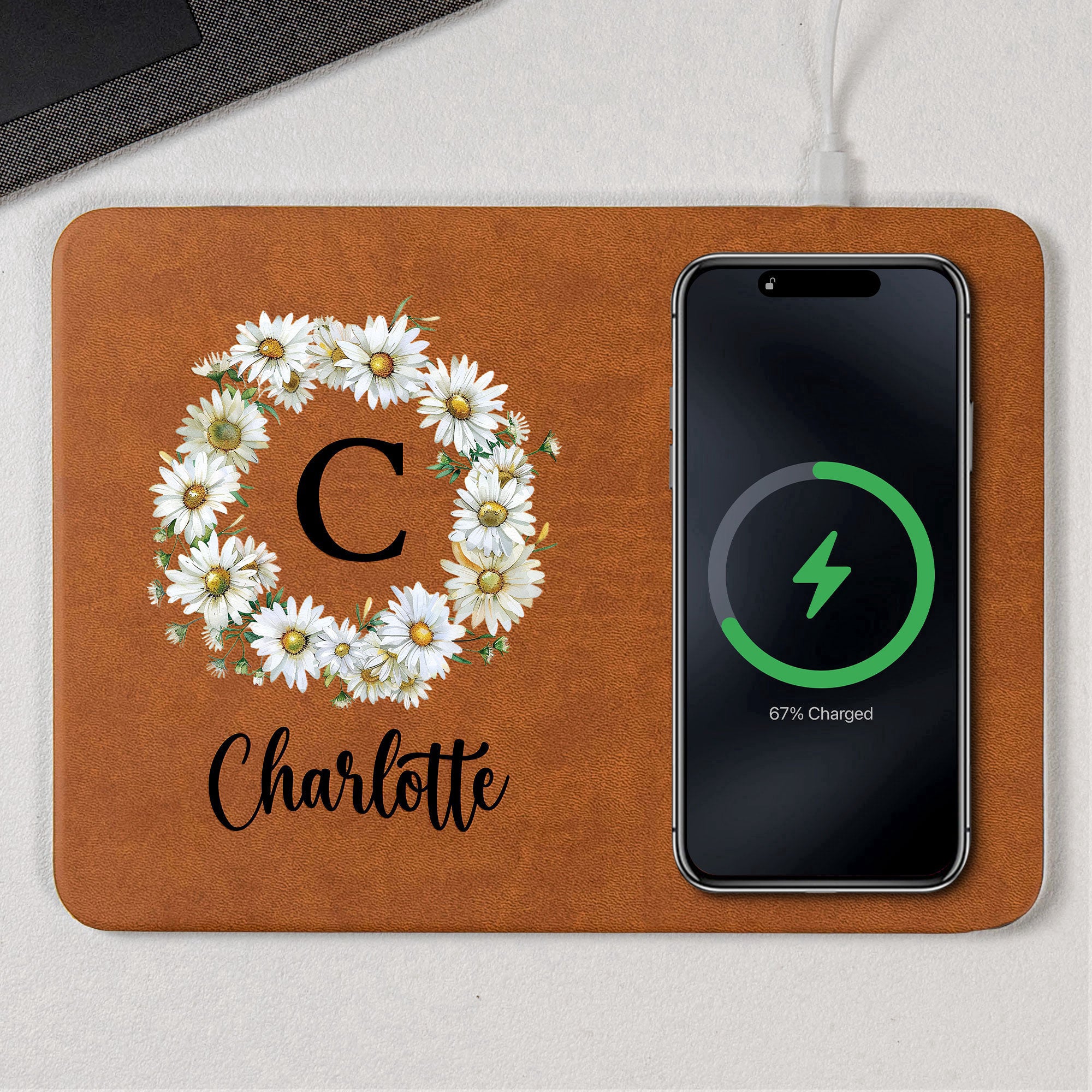 Custom Birth Flower & Name Gift For Her, Coworkers, Wife, Daughter - Personalized Leather Charging Mat