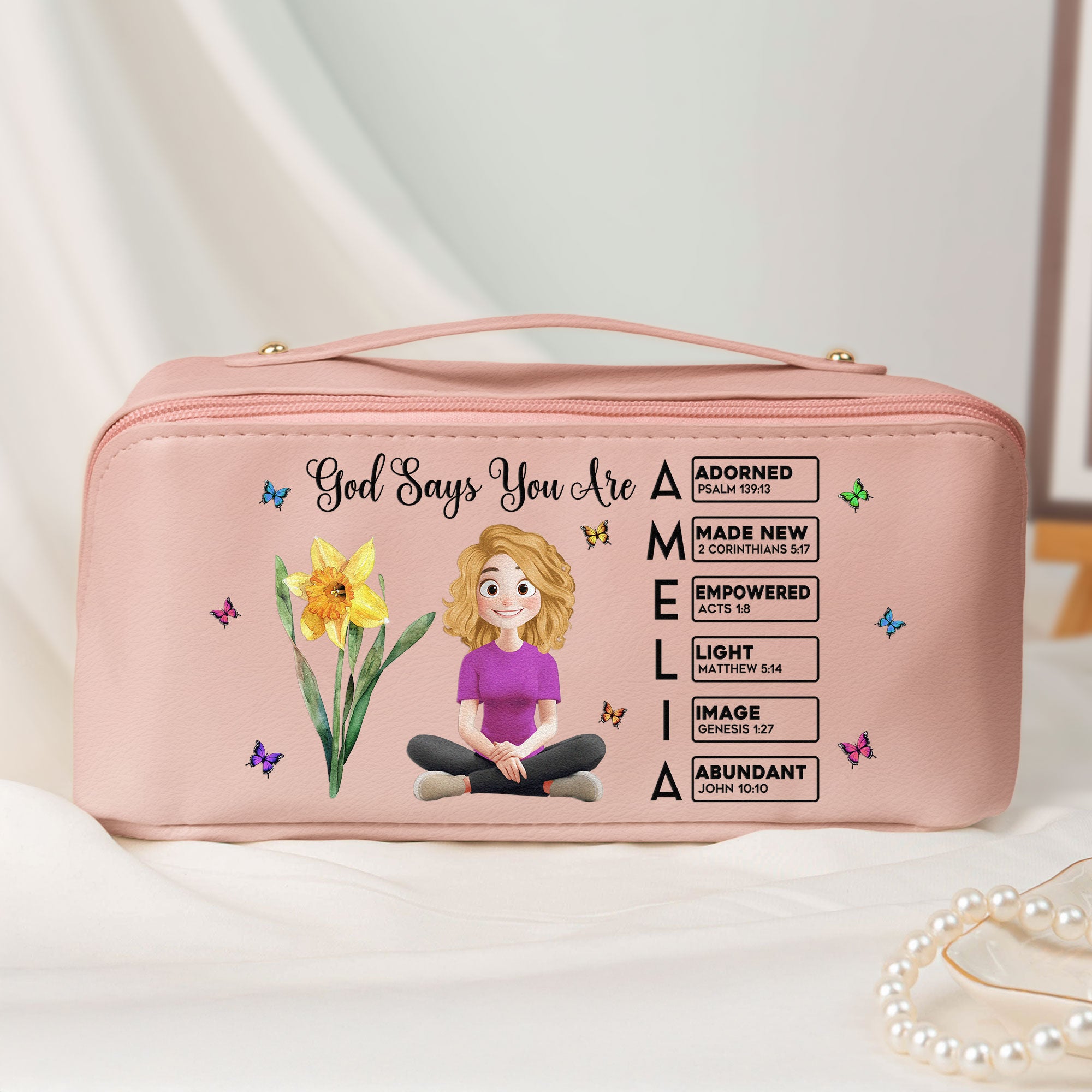 Custom Birth Flower & Name In Bible Verse - Personalized Leather Makeup Bag