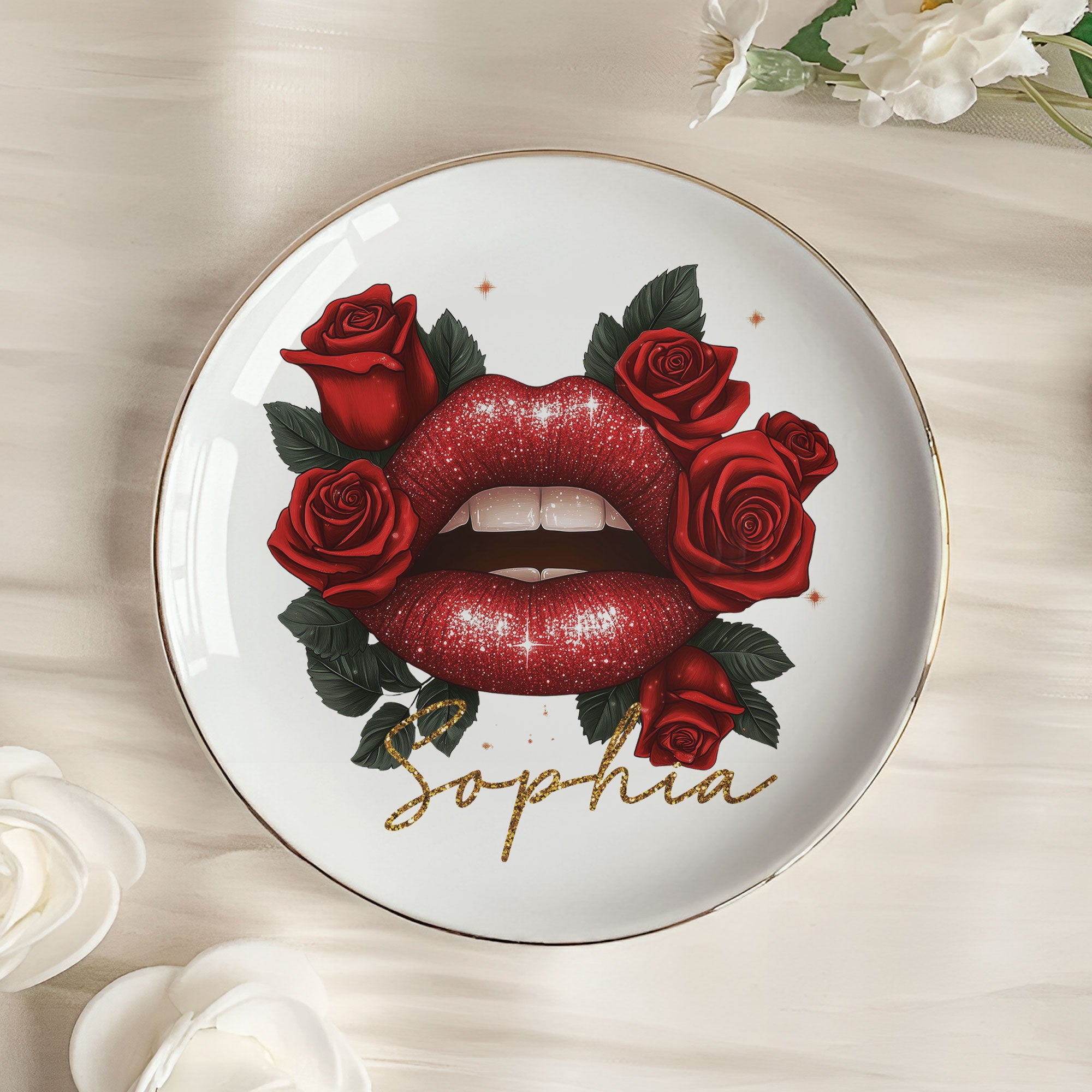 Custom Birth Flower & Name Lips, Gifts For Her - Personalized Jewelry Dish