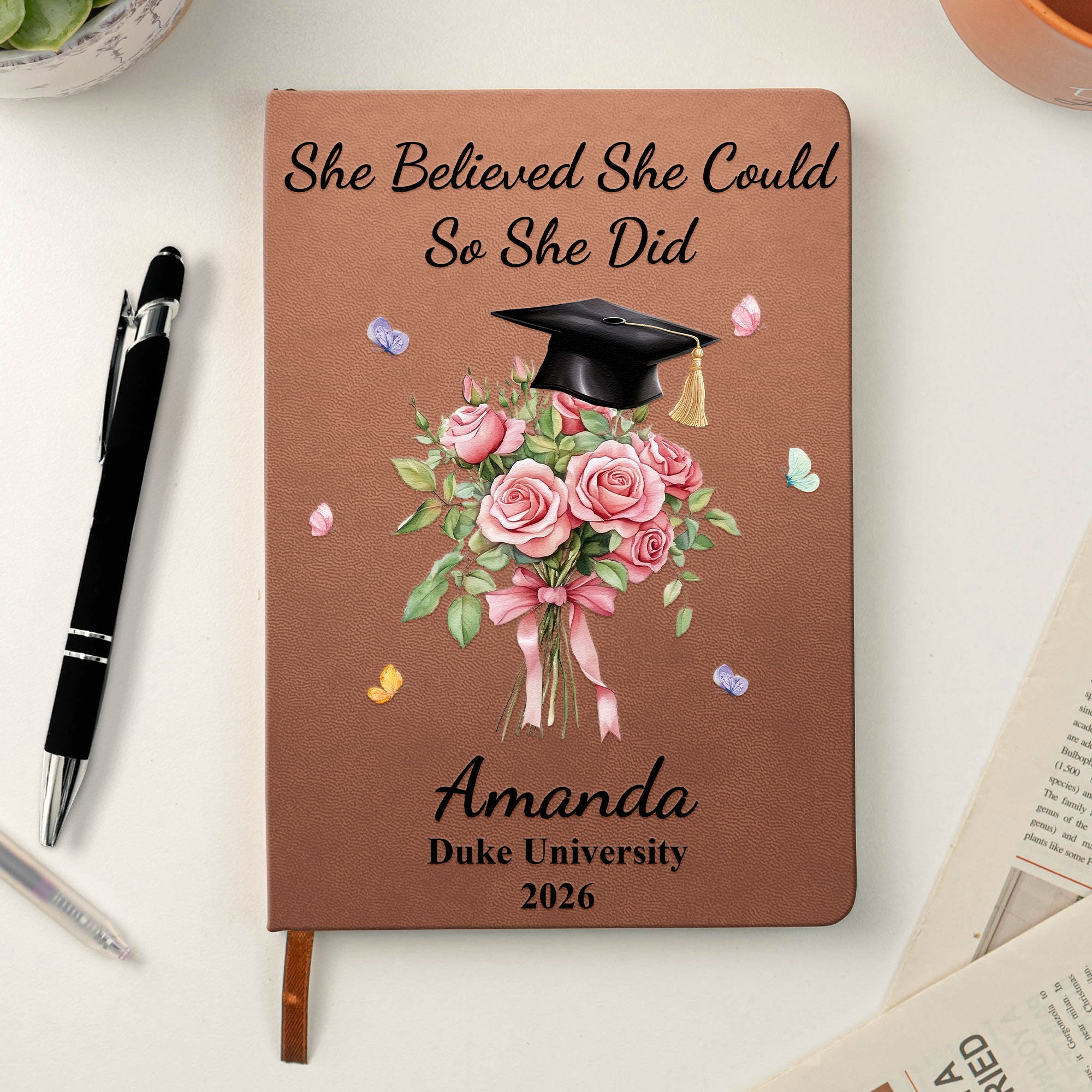 Custom Birth Month Flower Graduation - Personalized Leather Journal